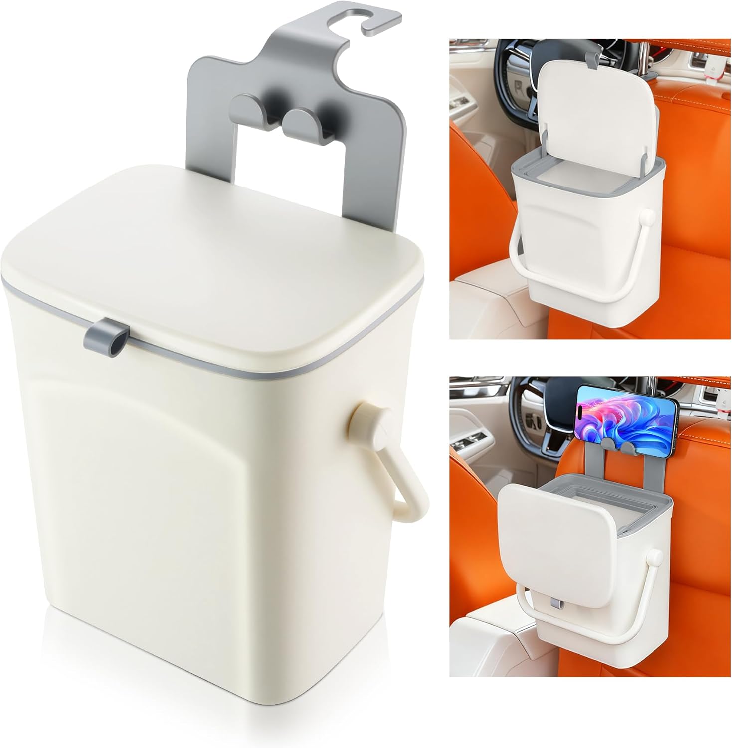 Car Trash Can with Lid and Phone Holder, Universal Bin, Waterproof Hanging Vehicle Garbage Can, Leak Proof Organizers Storage, Accessories Interior for Women Men, White - - Image 1