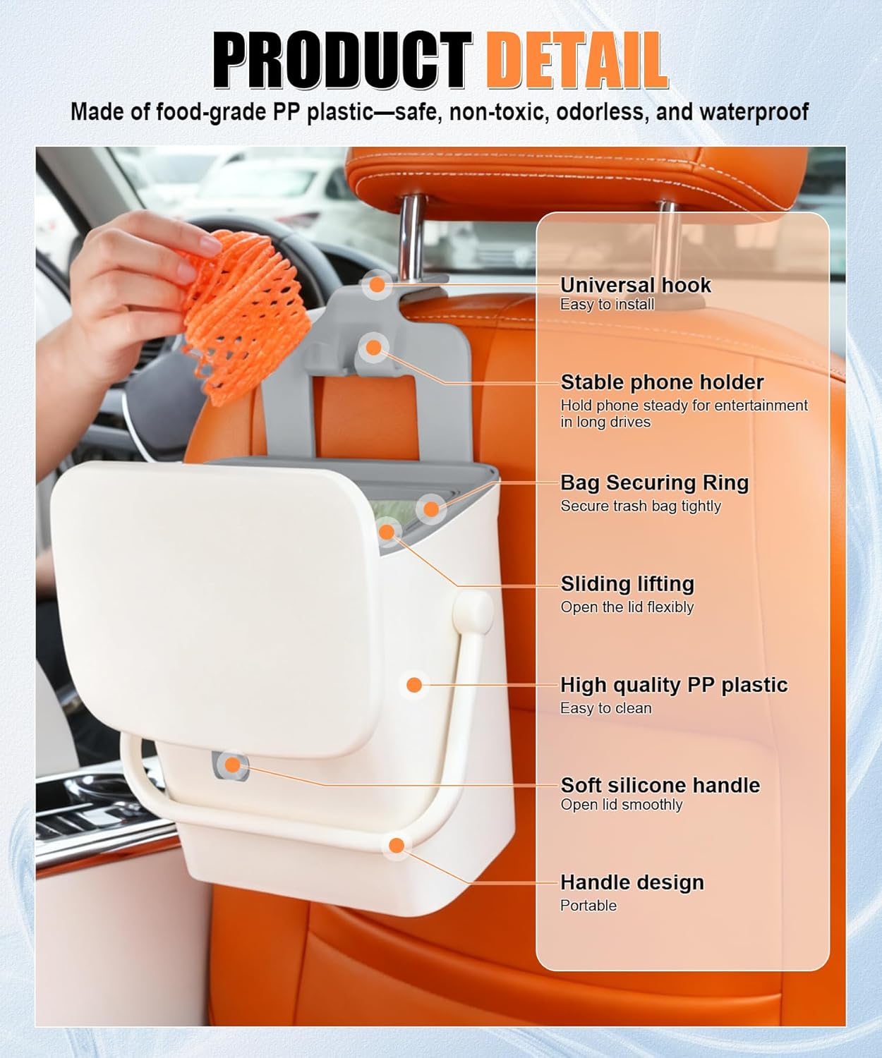 Car Trash Can with Lid and Phone Holder, Universal Bin, Waterproof Hanging Vehicle Garbage Can, Leak Proof Organizers Storage, Accessories Interior for Women Men, White - - Image 3
