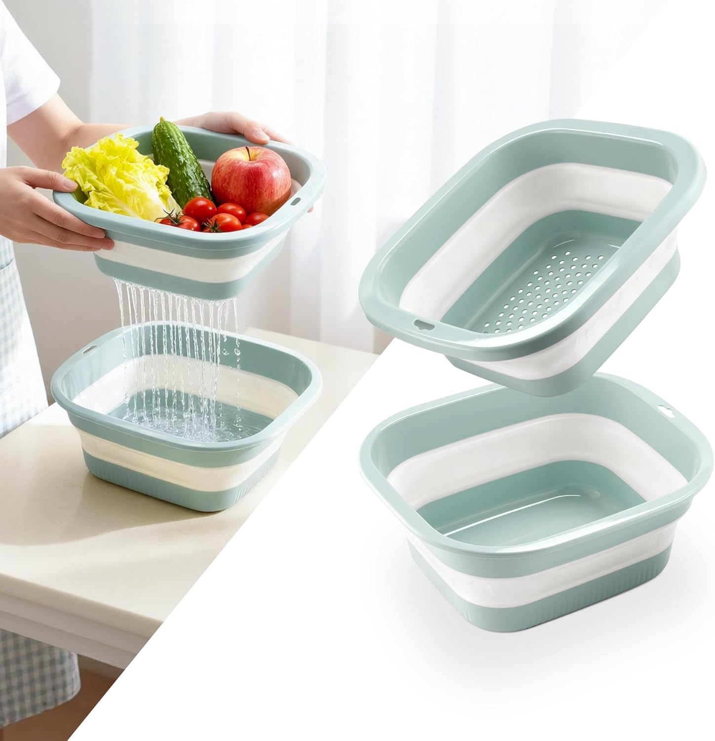 1.5 Gal (5.5L) Collapsible Dish Basin with Drain Basket Colanders, Multiuse Double-Layer Foldable Strainers Sink Tub, Wash Pan, Plastic Tubs, Dishpan, Kitchen Sink, Green - - Image 1