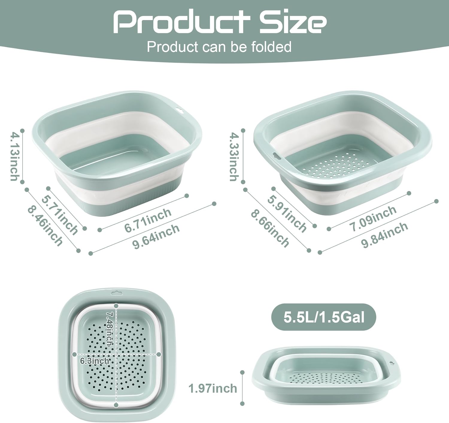 1.5 Gal (5.5L) Collapsible Dish Basin with Drain Basket Colanders, Multiuse Double-Layer Foldable Strainers Sink Tub, Wash Pan, Plastic Tubs, Dishpan, Kitchen Sink, Green - - Image 3