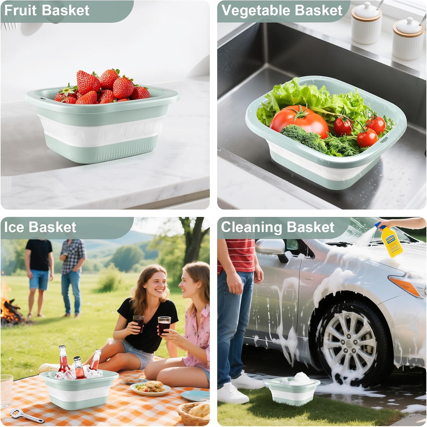 1.5 Gal (5.5L) Collapsible Dish Basin with Drain Basket Colanders, Multiuse Double-Layer Foldable Strainers Sink Tub, Wash Pan, Plastic Tubs, Dishpan, Kitchen Sink, Green - - Image 4