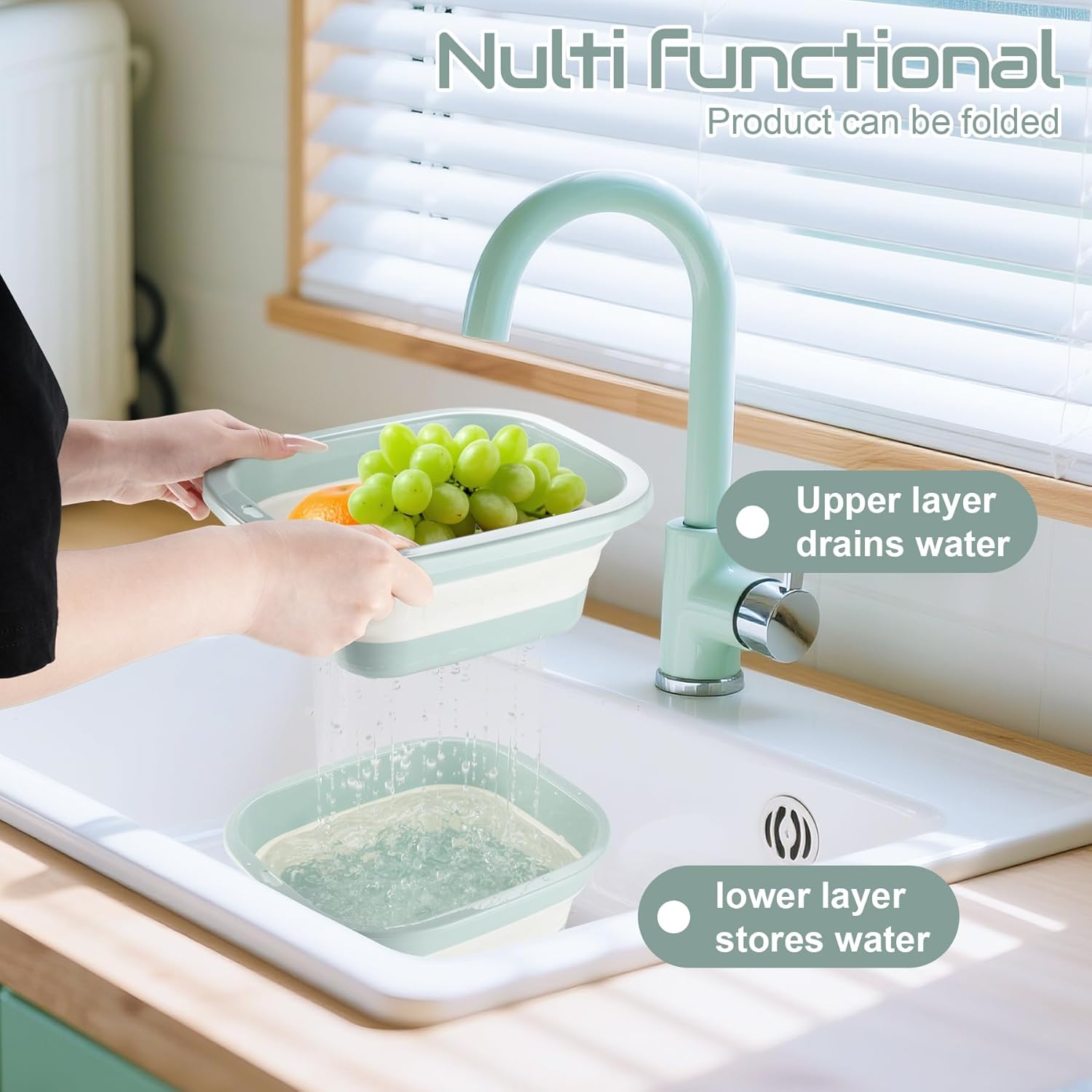 1.5 Gal (5.5L) Collapsible Dish Basin with Drain Basket Colanders, Multiuse Double-Layer Foldable Strainers Sink Tub, Wash Pan, Plastic Tubs, Dishpan, Kitchen Sink, Green - - Image 5