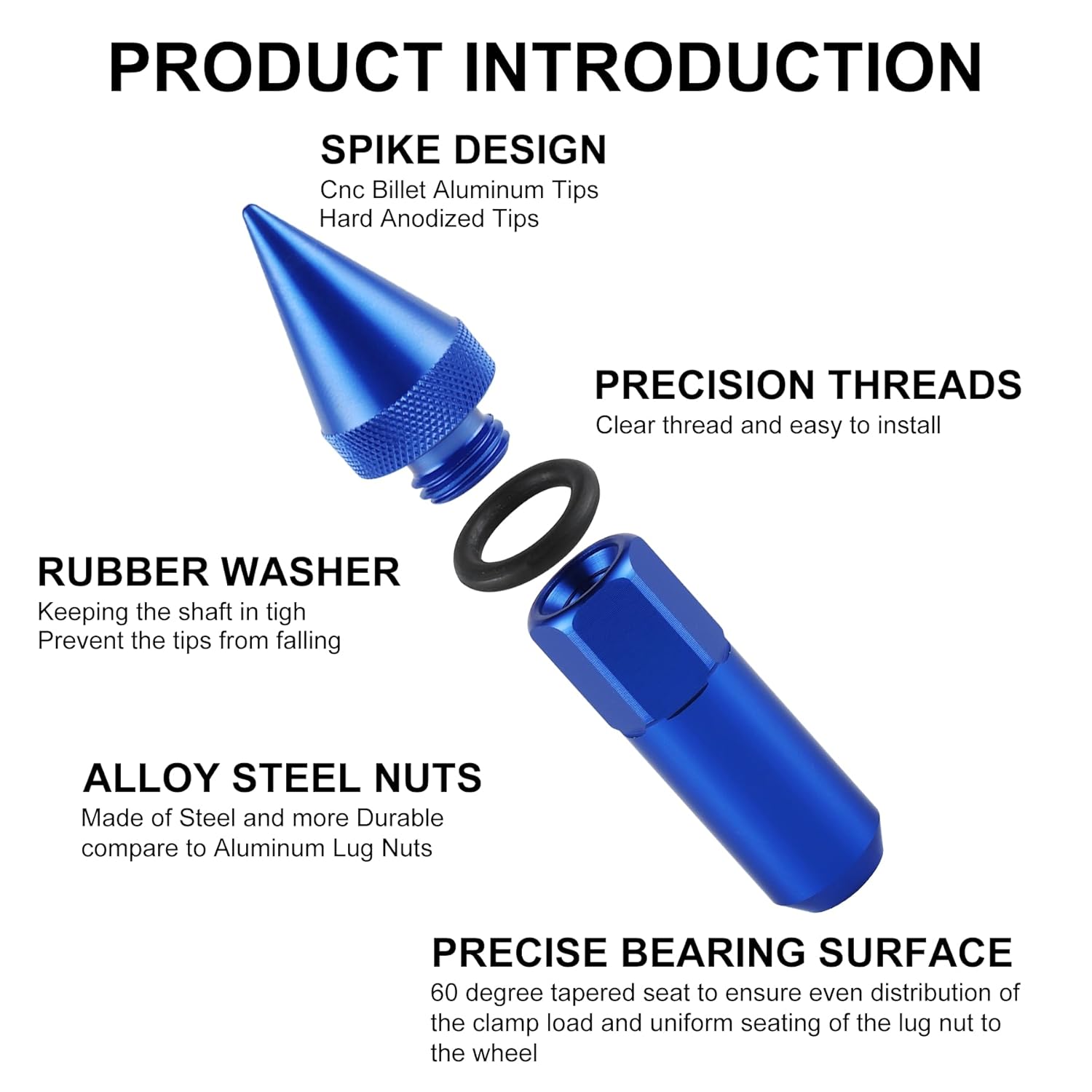 20PCS M14X1.5 Wheel Lug Nuts, Cap Spiked Extended Tuner 60mm Aluminum Wheels Rims Nuts (Blue) blue M14x1.5 - Image 3