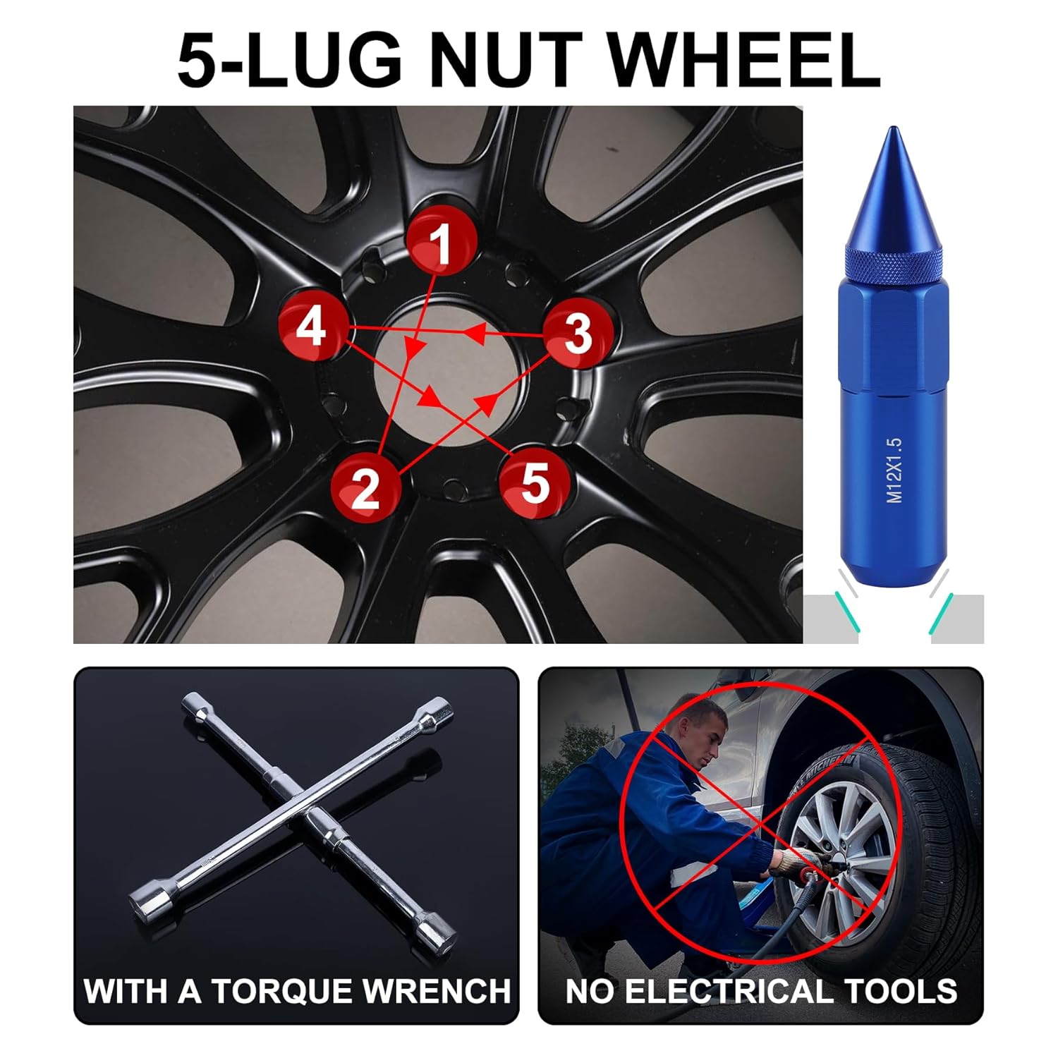 20PCS M14X1.5 Wheel Lug Nuts, Cap Spiked Extended Tuner 60mm Aluminum Wheels Rims Nuts (Blue) blue M14x1.5 - Image 5