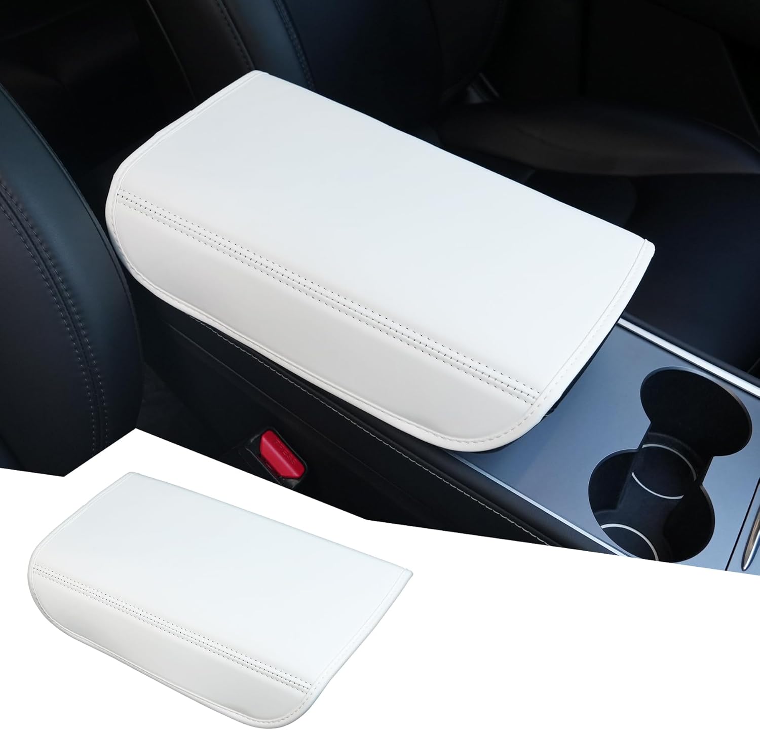 Center Console Leather Armrest Cover Compatible with Tesla Model 3 Highland Refresh 2024-2026 & Y Juniper 2026, No-Slip Designed EZ Snap Car Interior Accessories (White) White - - Image 1