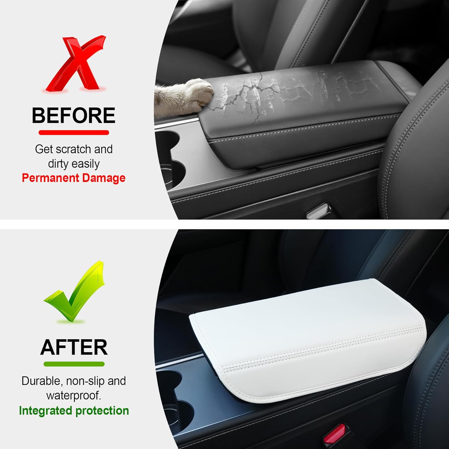 Center Console Leather Armrest Cover Compatible with Tesla Model 3 Highland Refresh 2024-2026 & Y Juniper 2026, No-Slip Designed EZ Snap Car Interior Accessories (White) White - - Image 4
