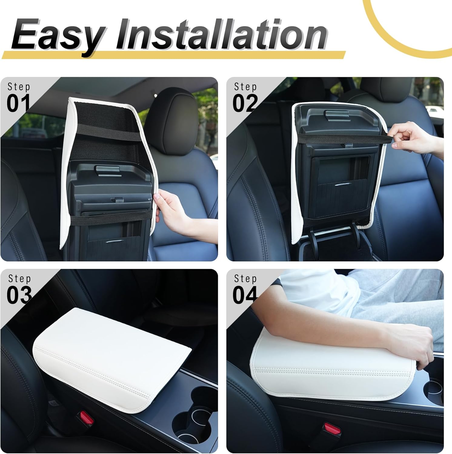 Center Console Leather Armrest Cover Compatible with Tesla Model 3 Highland Refresh 2024-2026 & Y Juniper 2026, No-Slip Designed EZ Snap Car Interior Accessories (White) White - - Image 5