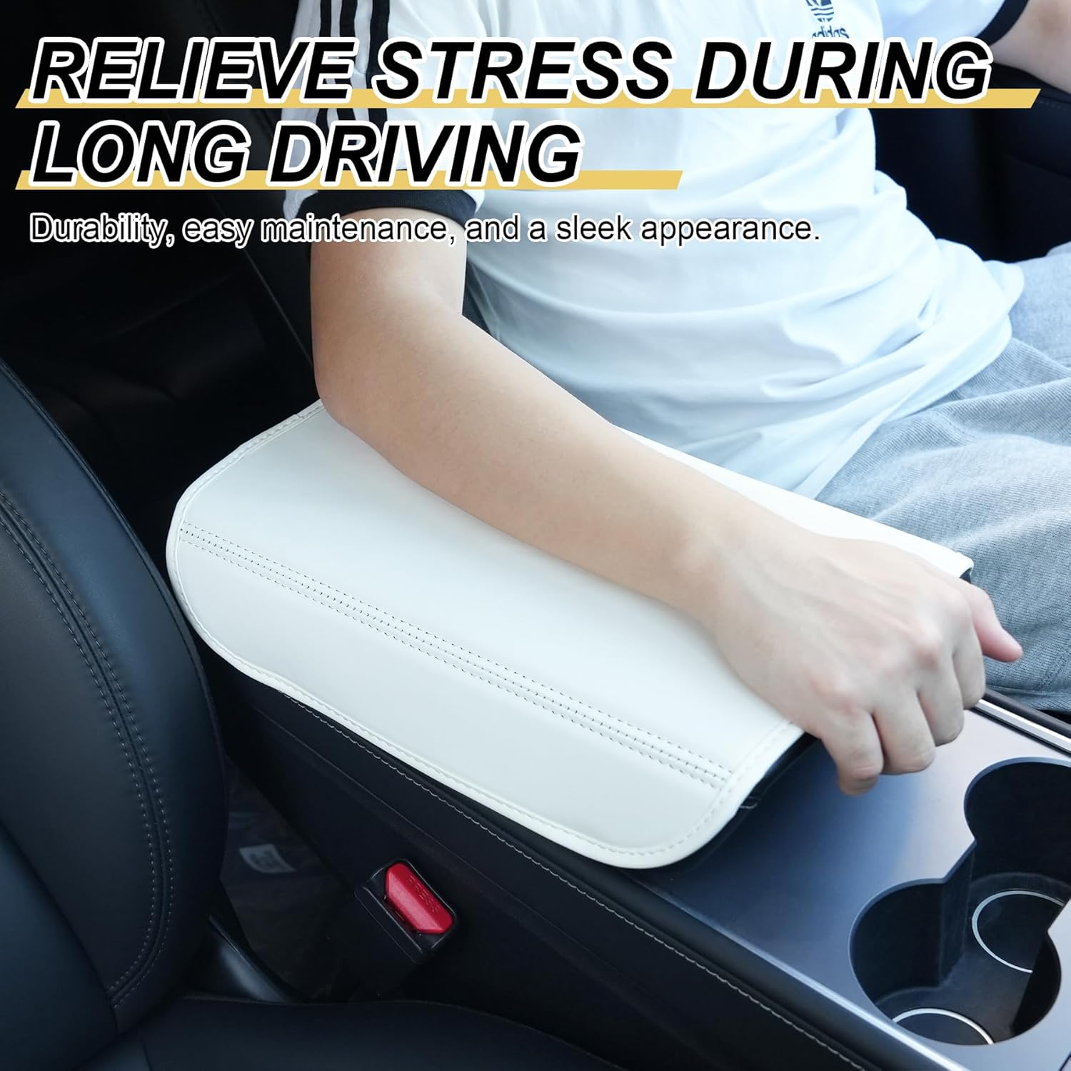 Center Console Leather Armrest Cover Compatible with Tesla Model 3 Highland Refresh 2024-2026 & Y Juniper 2026, No-Slip Designed EZ Snap Car Interior Accessories (White) White - - Image 6