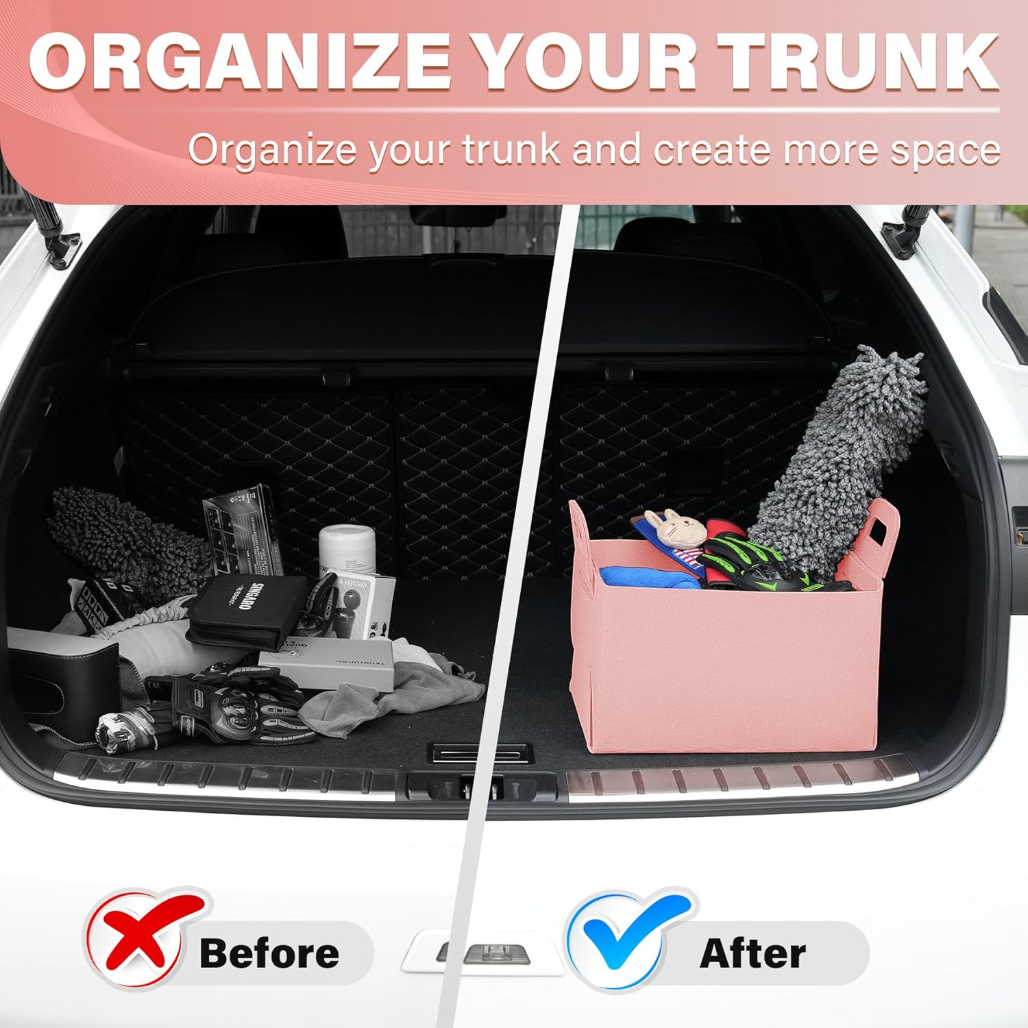 Car Trunk Organizer, Foldable Organizer for SUV, Lightweight Storage Sundries, Accessories Women and Men, Travel Essentials, Felt, 2 Pack Pink pink - - Image 3