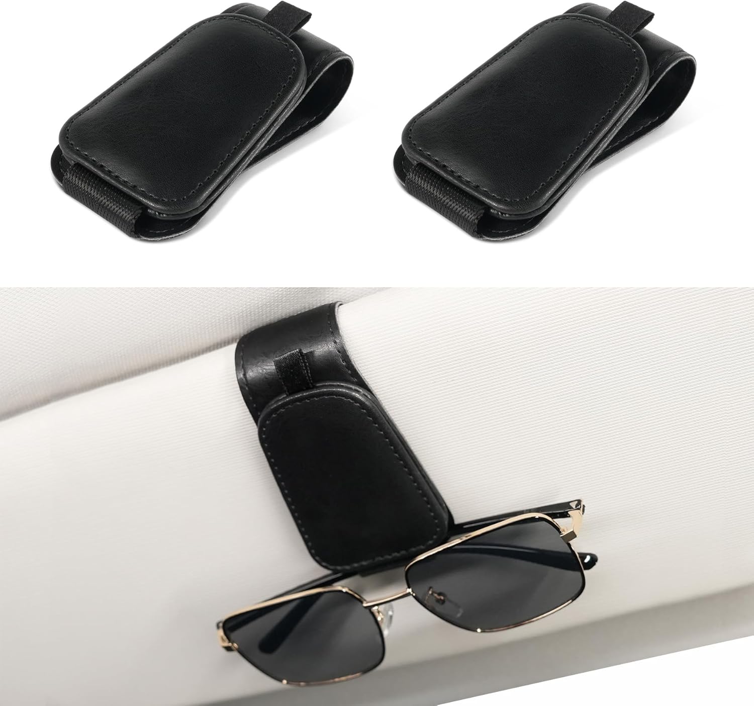 2 Pack Sunglass Holder for Car Visor Sunglasses Clip, Universal Non-Slip Magnetic Leather Glasses Eyeglasses Hanger Mounter, Truck Interior Accessories Woman Man, Black 2PCS - Image 1
