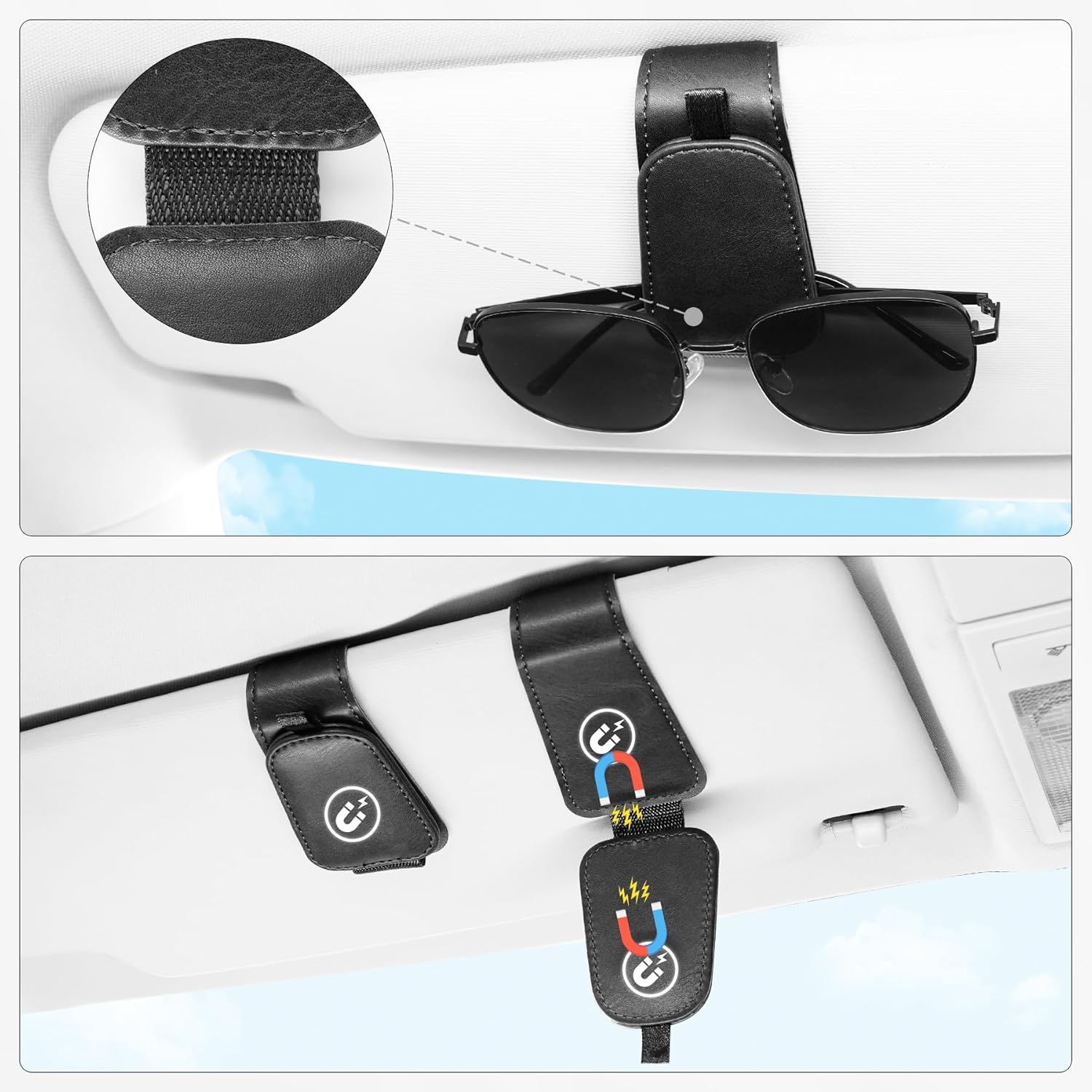 2 Pack Sunglass Holder for Car Visor Sunglasses Clip, Universal Non-Slip Magnetic Leather Glasses Eyeglasses Hanger Mounter, Truck Interior Accessories Woman Man, Black 2PCS - Image 4