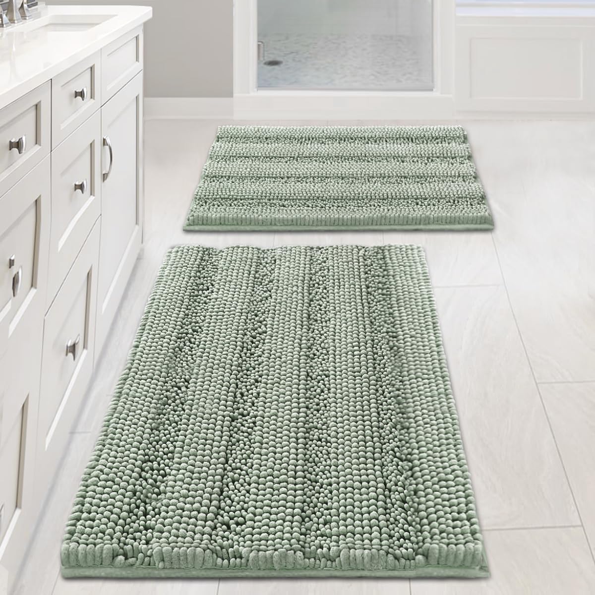 Sage Bathroom Rugs, Bath Mat Set of 2 Extra Thick Chenille Striped Pattern Shaggy Rugs for Room, Non Skid Mats Floor (32 x 20 Plus 24 17 - Inches) 20