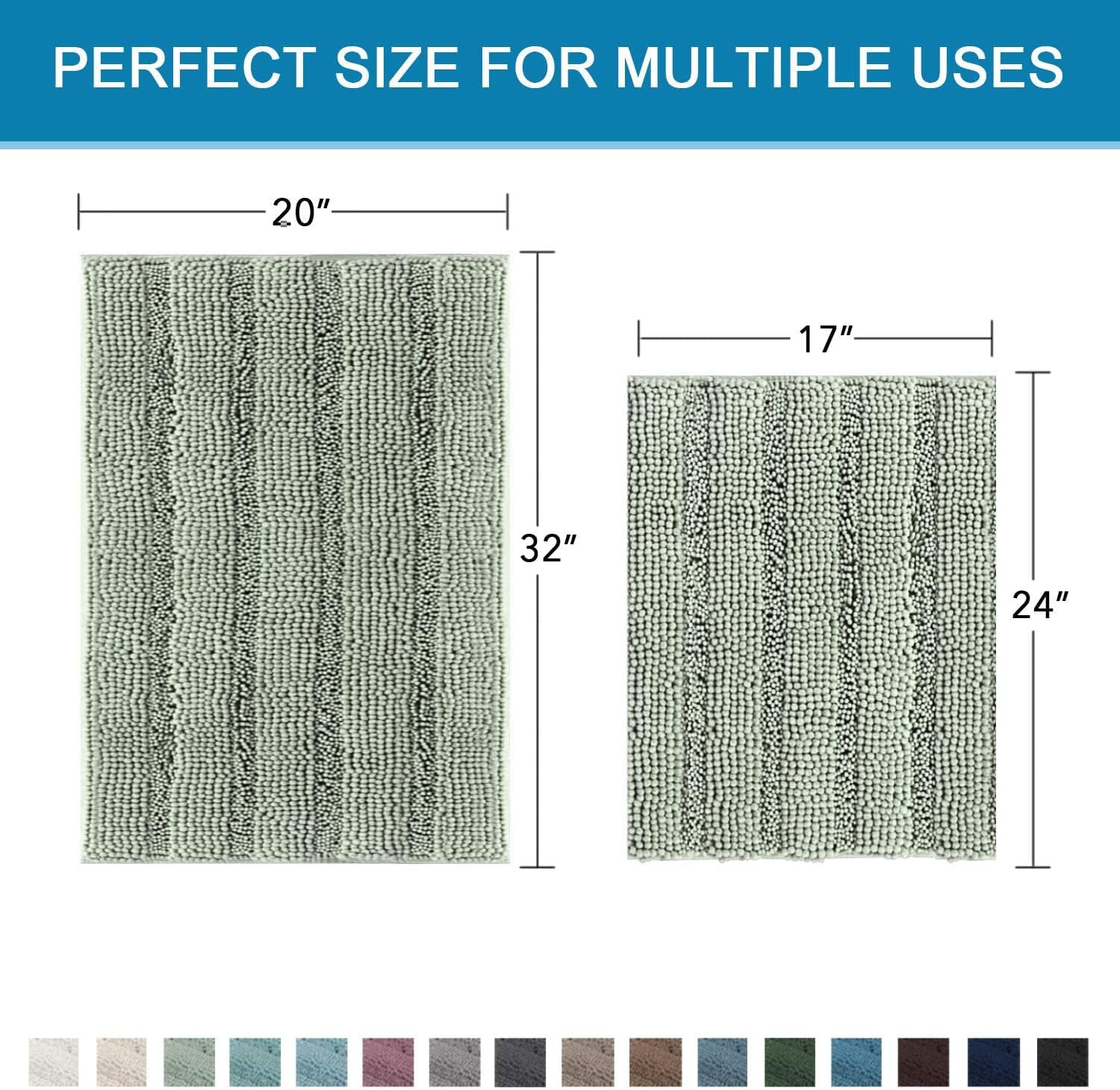 Sage Bathroom Rugs, Bath Mat Set of 2 Extra Thick Chenille Striped Pattern Shaggy Rugs for Room, Non Skid Mats Floor (32 x 20 Plus 24 17 - Inches) 20