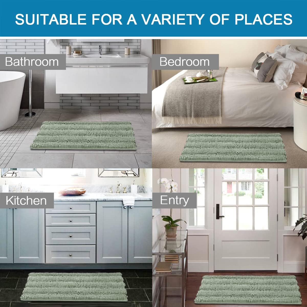 Sage Bathroom Rugs, Bath Mat Set of 2 Extra Thick Chenille Striped Pattern Shaggy Rugs for Room, Non Skid Mats Floor (32 x 20 Plus 24 17 - Inches) 20