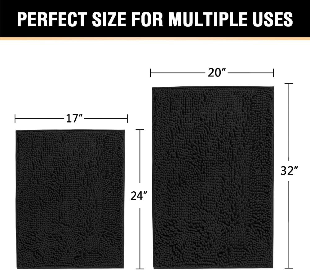 Black Bathroom Rug Set 2 Piece, Bath Mats for Floor, Super Thick Soft Shaggy Chenille Machine Washable, Dry Fast Water Absorbent Mats(20