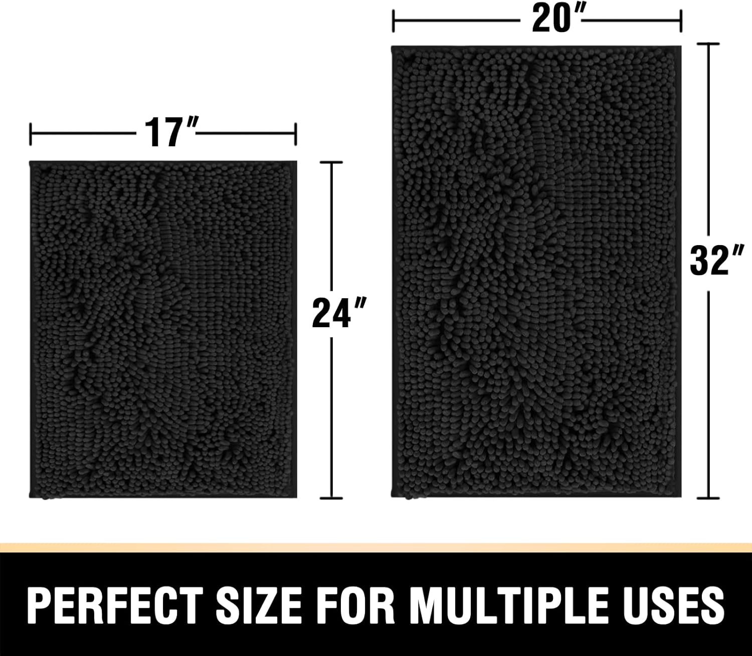 Black Bathroom Rug Set 2 Piece, Bath Mats for Floor, Super Thick Soft Shaggy Chenille Machine Washable, Dry Fast Water Absorbent Mats(20