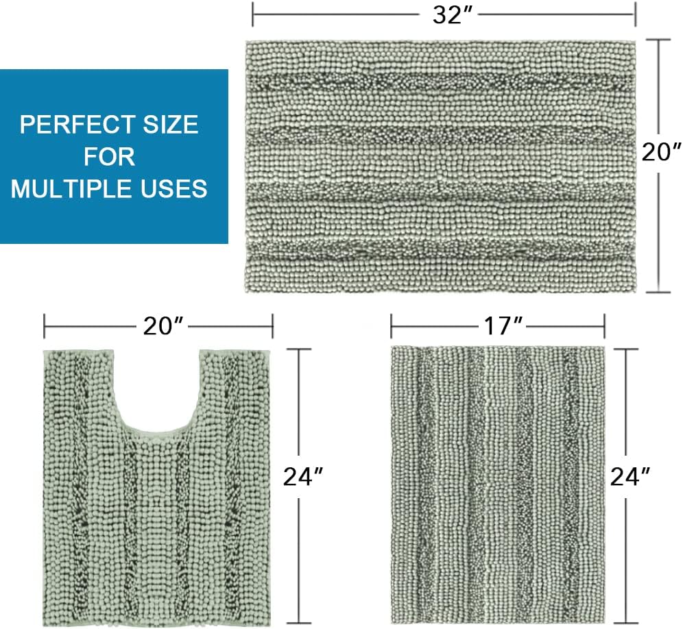 3 Piece Bathroom Rugs Sets Thick Striped Bath Set for Non Slip Soft Absorbent Mat Tub, Shower and Toilet(17''x24''+20''x32''+20''x24'' U-Shaped, Sage) Sage 17