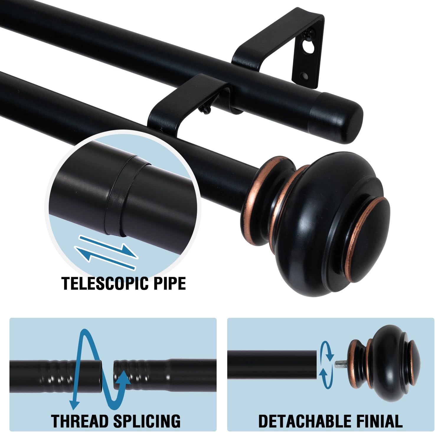 Double Curtain Rods for Windows 16.2 to 90.6 Inches 3/4 inch Diameter Adjustable Decorative Telescoping Rod with Brackets Heavy Duty Splicing Rods, Black 16.2