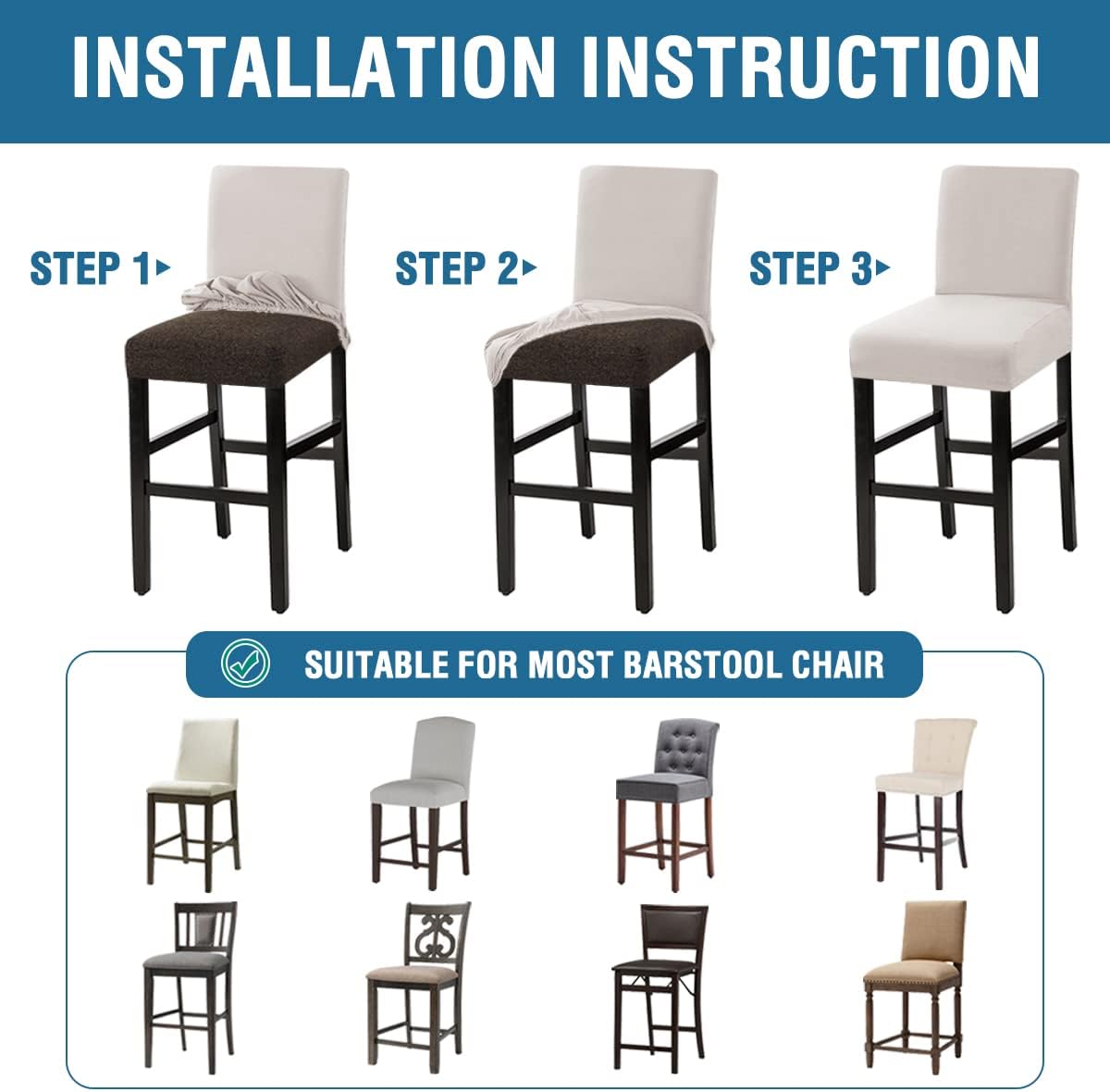 100% Waterproof Bar Stool Cover Stretch Counter Pub Chair Slipcover for Dining Room Removable Soft Thick Solid Fleece Fabric Slipcovers Set of 4, Ivory Fleece-ivory - - Image 6