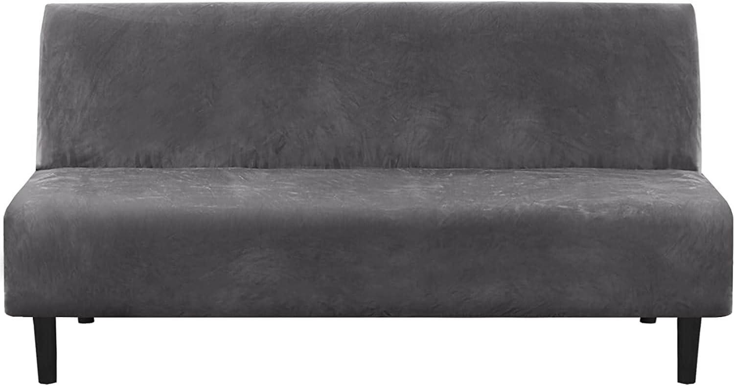 Real Velvet Futon Cover Armless Sofa Covers Bed Stretch Couch Slipcover Furniture Protector Thick Soft Fabric Form Fitted Stay in Place, Grey - - Image 1