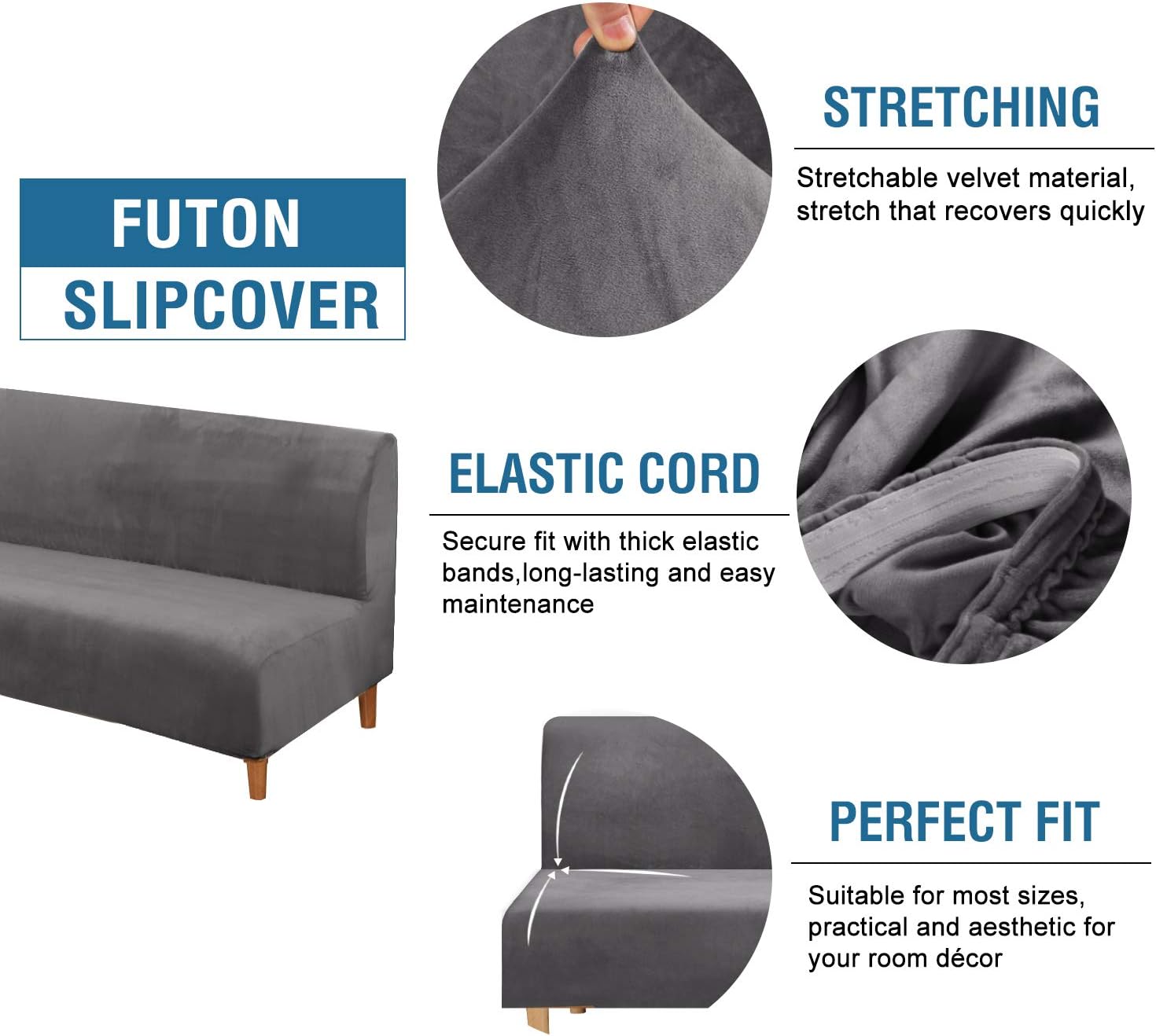 Real Velvet Futon Cover Armless Sofa Covers Bed Stretch Couch Slipcover Furniture Protector Thick Soft Fabric Form Fitted Stay in Place, Grey - - Image 2