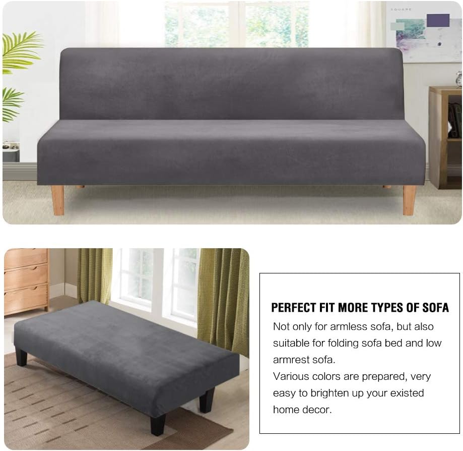 Real Velvet Futon Cover Armless Sofa Covers Bed Stretch Couch Slipcover Furniture Protector Thick Soft Fabric Form Fitted Stay in Place, Grey - - Image 5