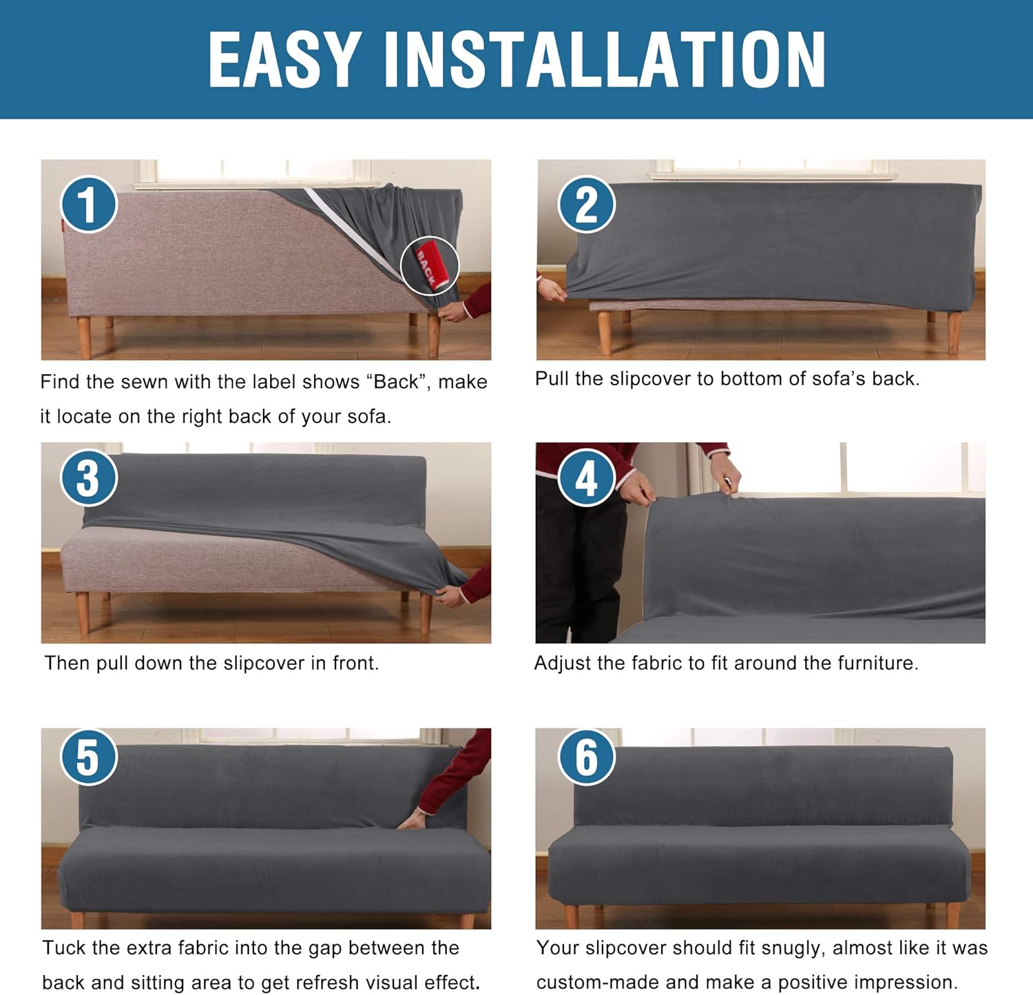 Real Velvet Futon Cover Armless Sofa Covers Bed Stretch Couch Slipcover Furniture Protector Thick Soft Fabric Form Fitted Stay in Place, Grey - - Image 6