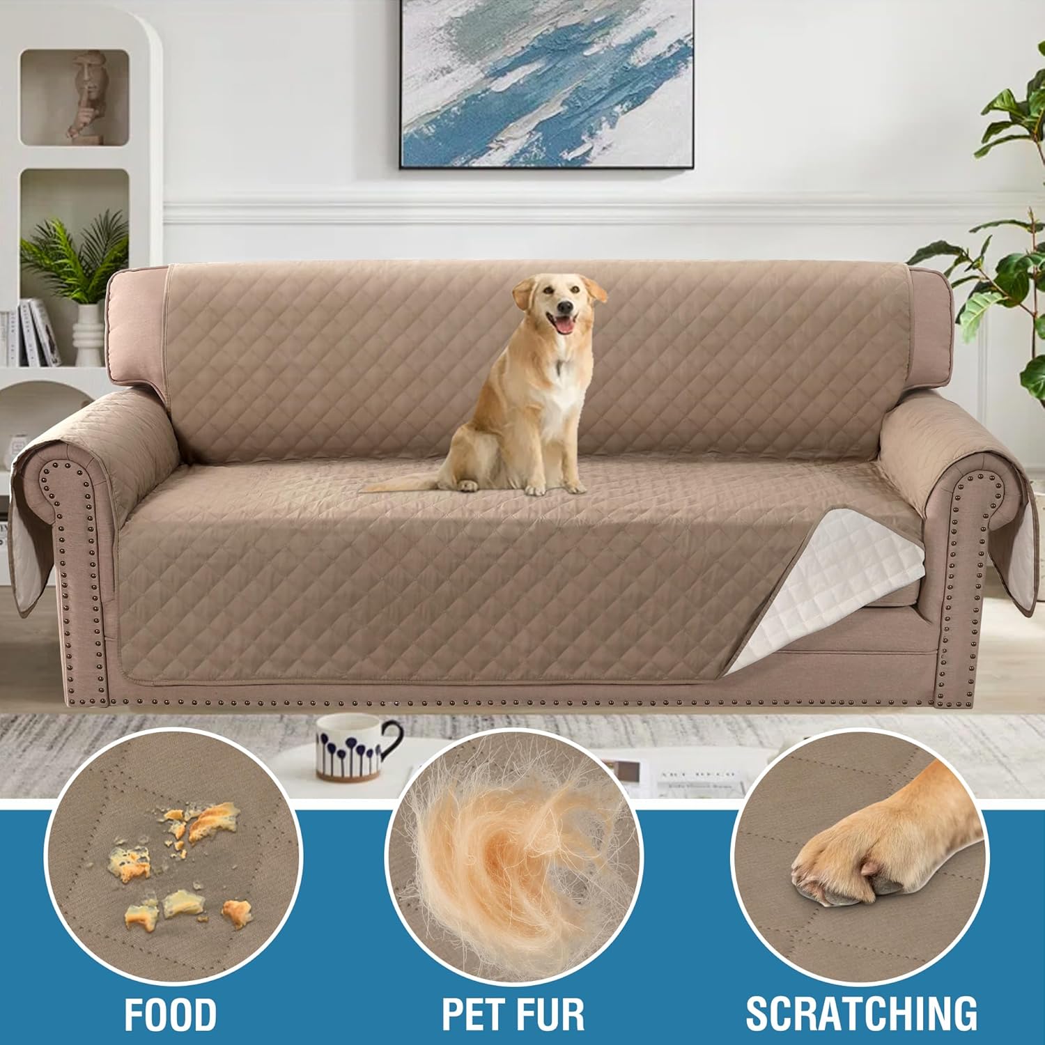 Sofa Cover, 100% Waterproof Slipcover Furniture Protector, Washable Couch Cover with Non-Skid Backing and Elastic Straps for Kids, Dogs, Pets(Sofa, French Oak) Oak - Image 3