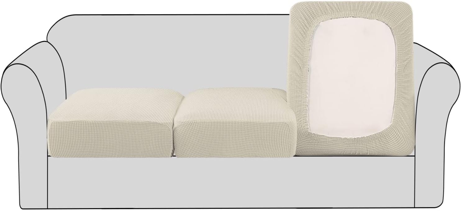 High Stretch Individual Seat Cushion Covers Sofa Slipcovers Couch Featuring Jacquard Textured Twill Fabric (3 Pack for 3 Sofa, Natural, Large) Natural - - Image 1