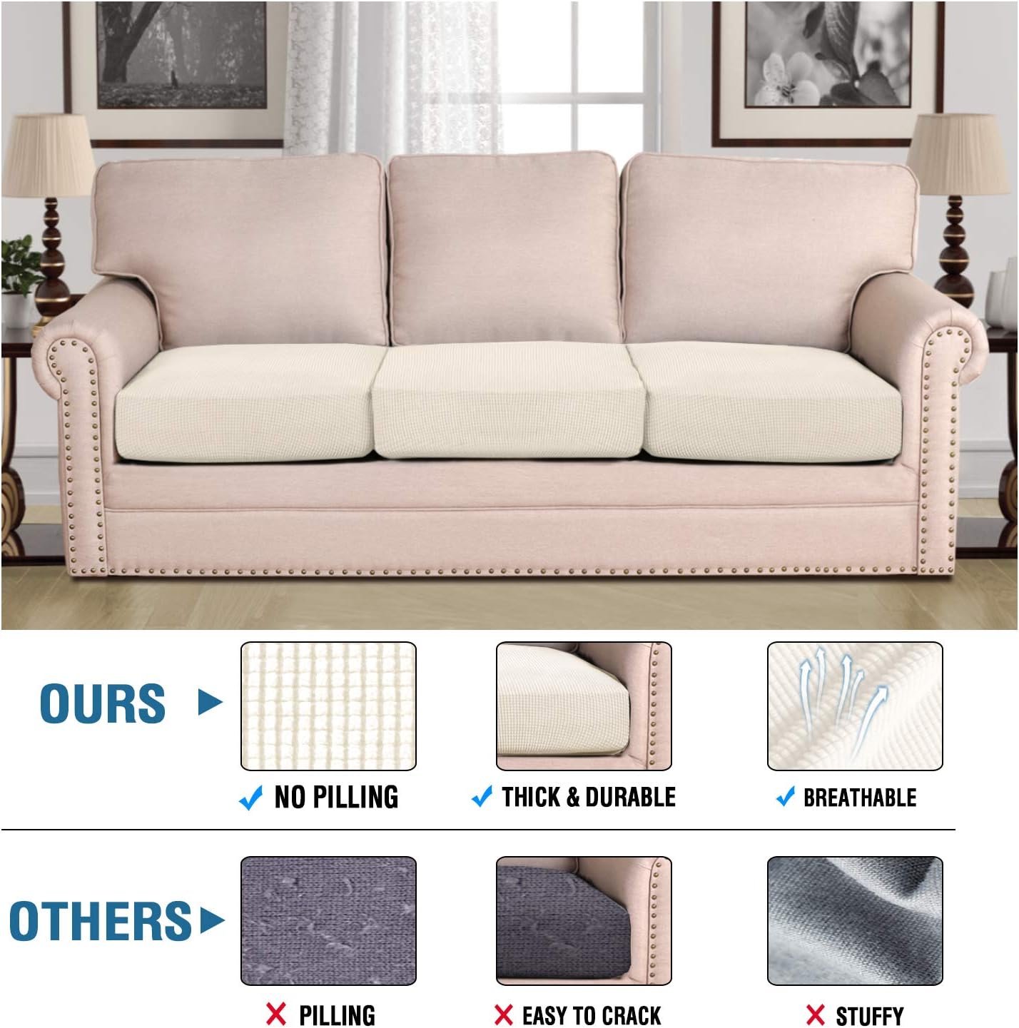 High Stretch Individual Seat Cushion Covers Sofa Slipcovers Couch Featuring Jacquard Textured Twill Fabric (3 Pack for 3 Sofa, Natural, Large) Natural - - Image 5
