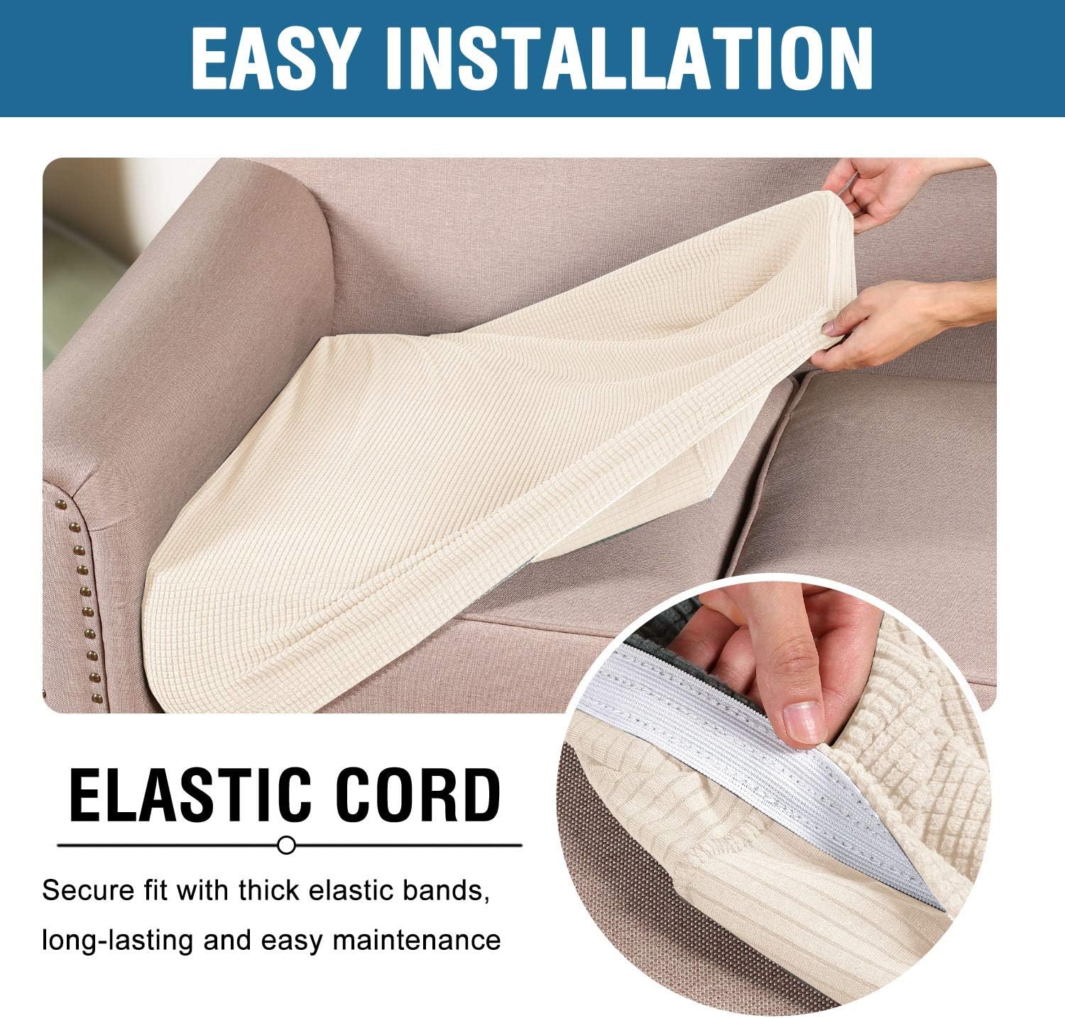 High Stretch Individual Seat Cushion Covers Sofa Slipcovers Couch Featuring Jacquard Textured Twill Fabric (3 Pack for 3 Sofa, Natural, Large) Natural - - Image 6