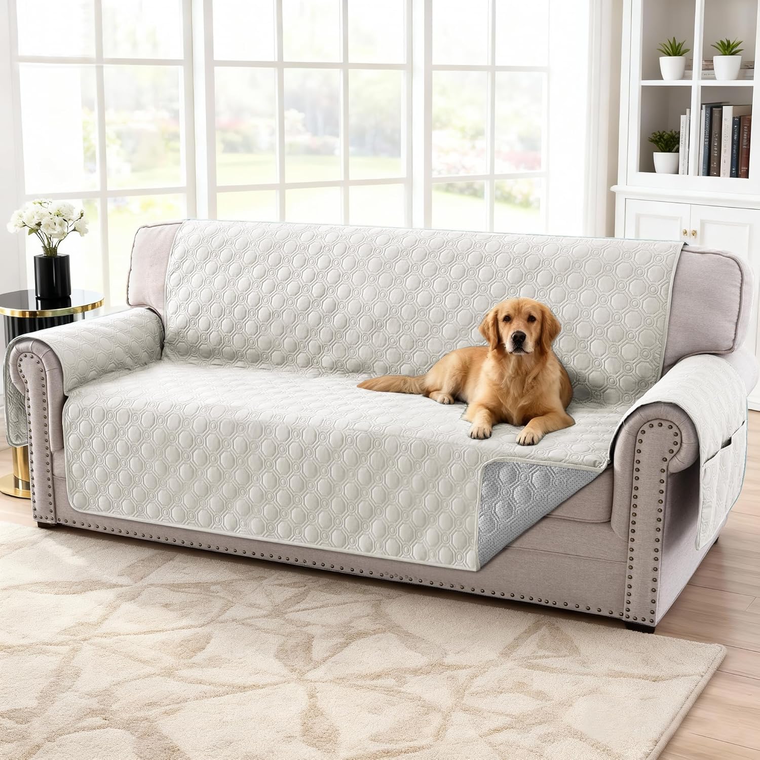 100% Waterproof Couch Cover for 3 Cushion Sofa Washable Pet Friendly with Elastic Straps Thick Durable Storage Pocket(XL Sofa, Beige) Beige 78