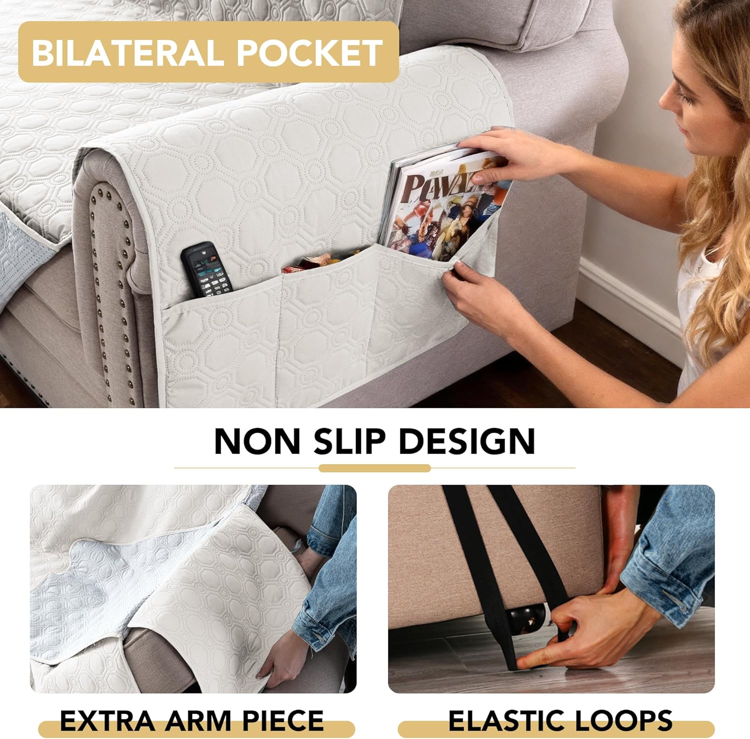 100% Waterproof Couch Cover for 3 Cushion Sofa Washable Pet Friendly with Elastic Straps Thick Durable Storage Pocket(XL Sofa, Beige) Beige 78