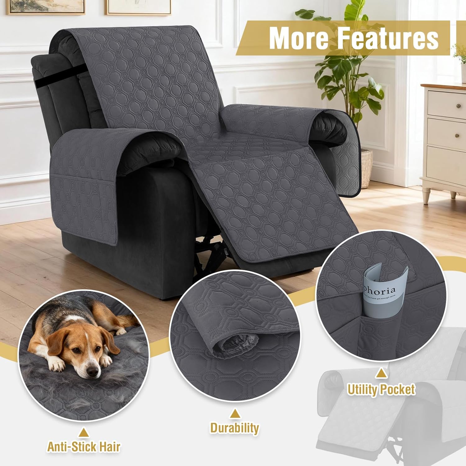 100% Waterproof Recliner Chair Covers, Covers Non-Slip Stay in Place, Thick Cover for with Pocket, Dog Couch Protector Washable(Grey, 23