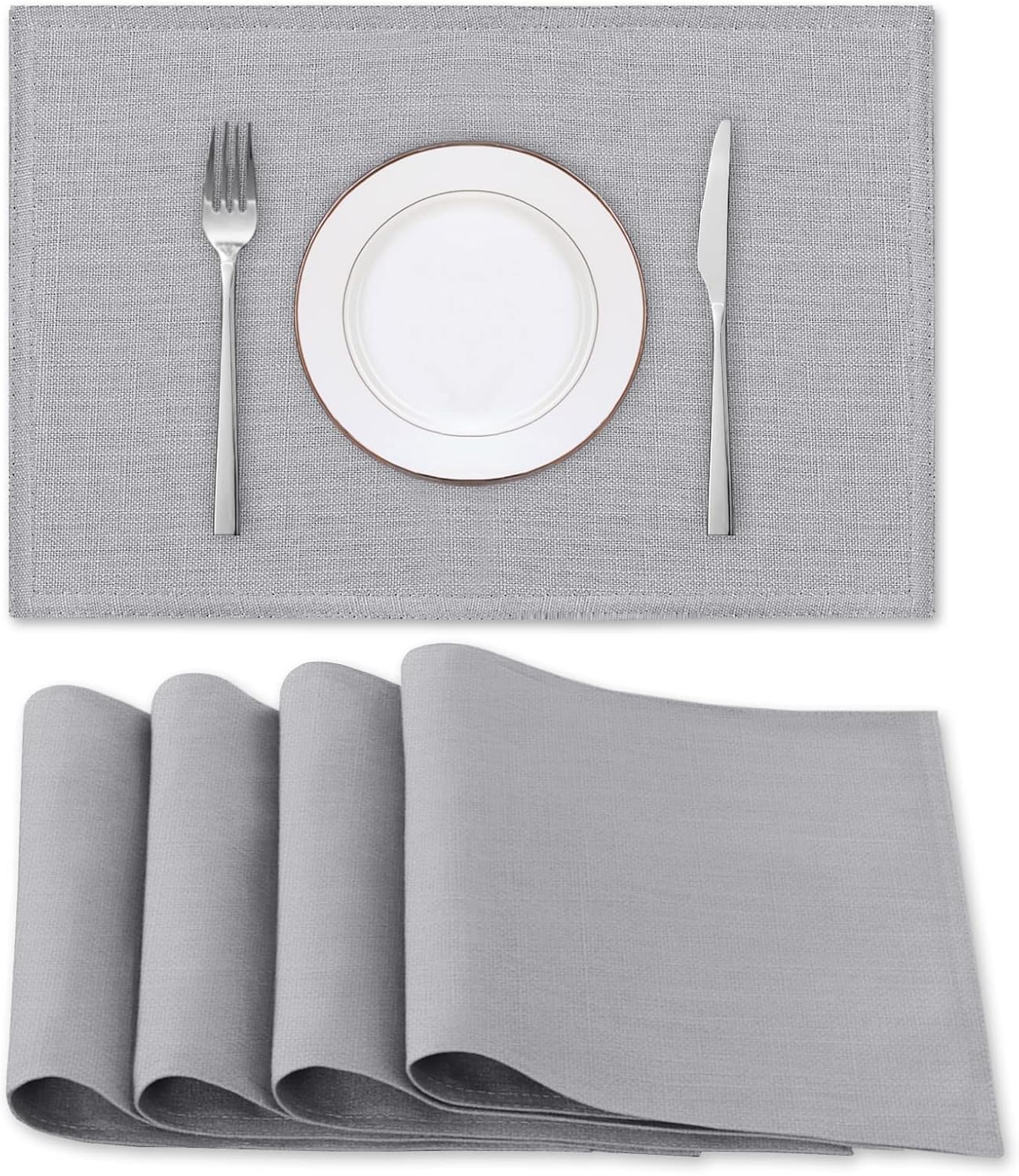 Linen Placemats Set of 4 Premium Solid Table for Dining Spill-Proof Waterproof Mats Heat-Resistant Kitchen Washable, 12x18 inches, Grey Gray - - Image 1
