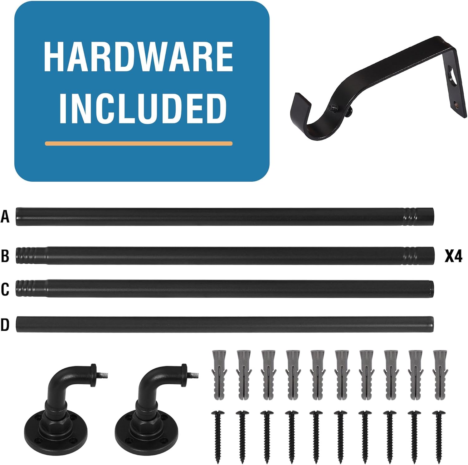 Wrap Around Curtain Rods for Windows 16.2 to 106.2 Inch, 3/4 Inch Diameter Industrial Telescoping Rod, Splicing Adjustable Indoor/Outdoor, Black 16.2