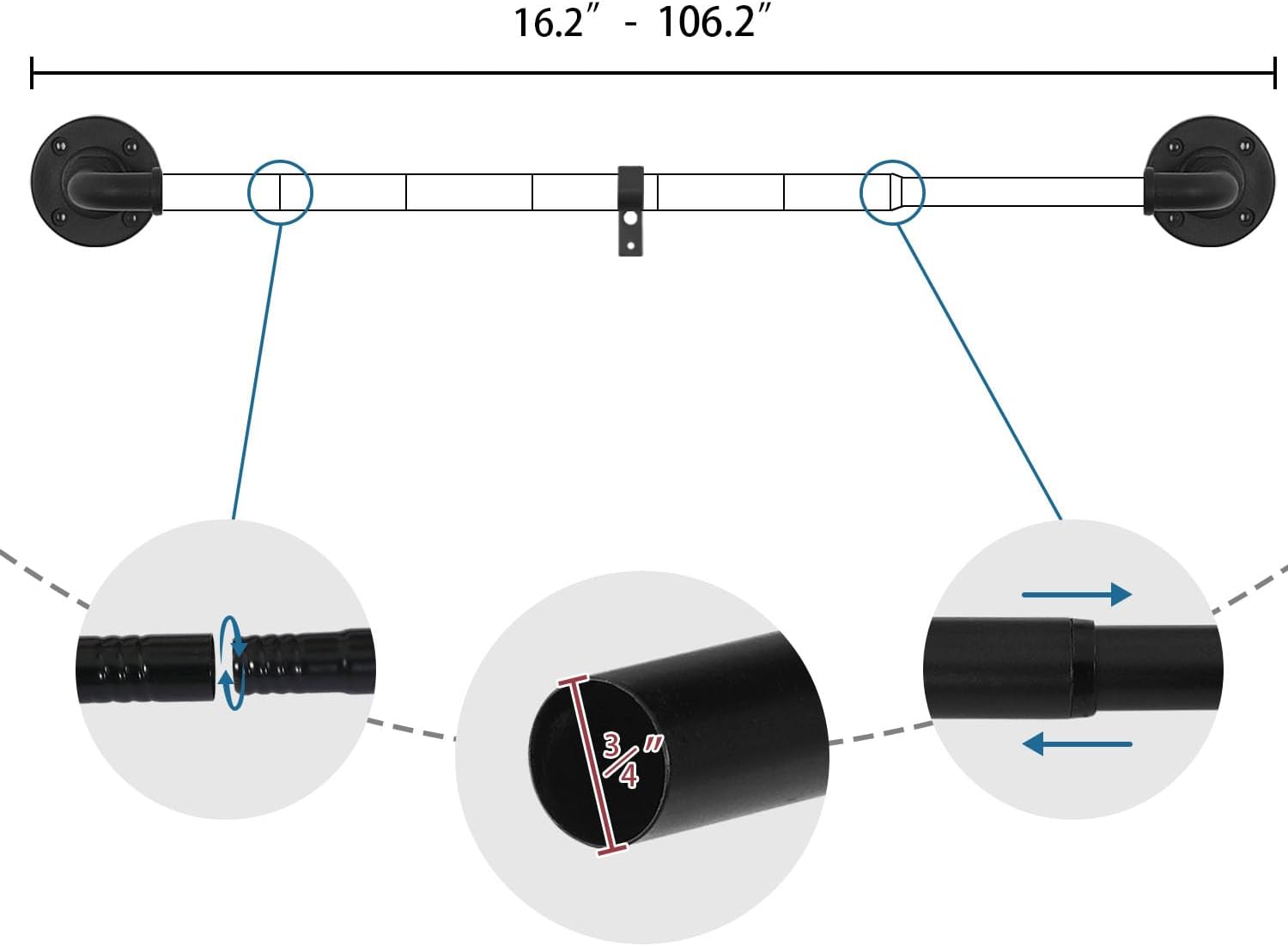 Wrap Around Curtain Rods for Windows 16.2 to 106.2 Inch, 3/4 Inch Diameter Industrial Telescoping Rod, Splicing Adjustable Indoor/Outdoor, Black 16.2