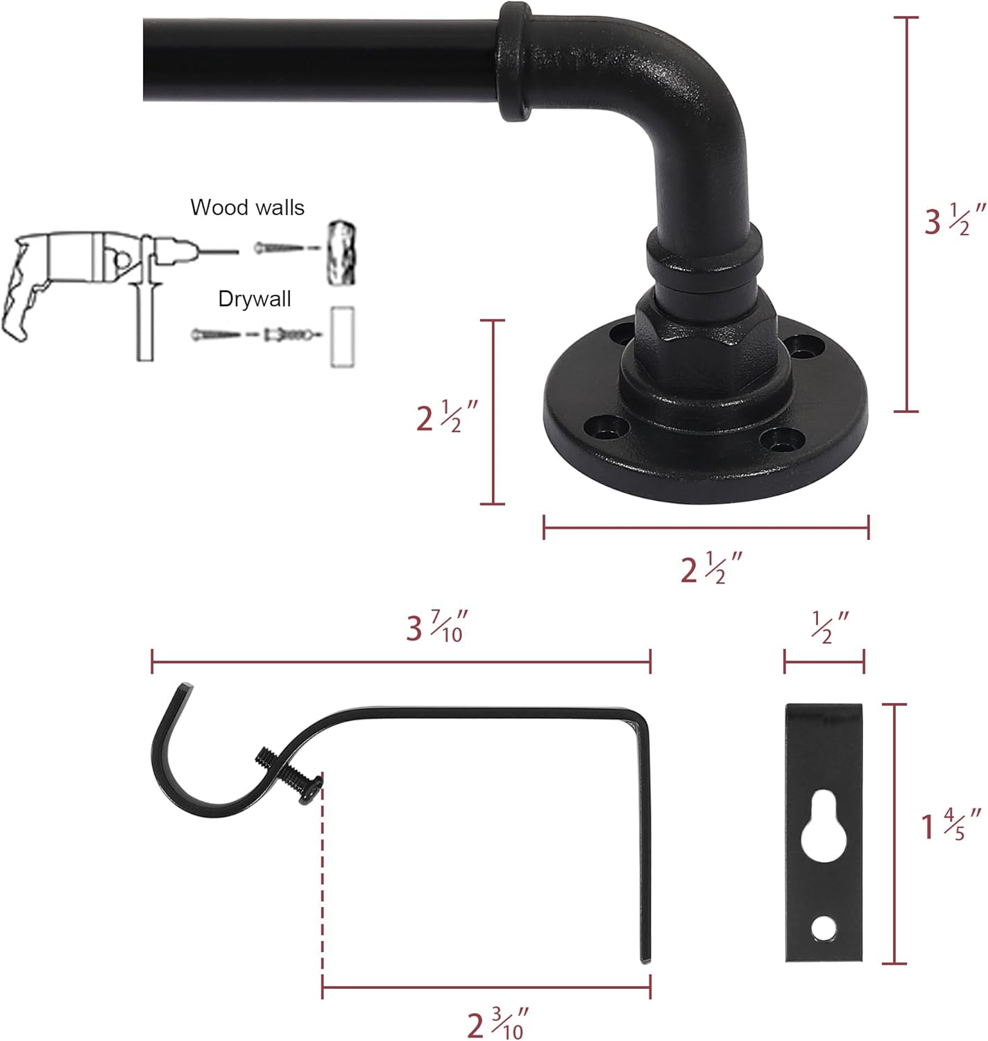 Wrap Around Curtain Rods for Windows 16.2 to 106.2 Inch, 3/4 Inch Diameter Industrial Telescoping Rod, Splicing Adjustable Indoor/Outdoor, Black 16.2