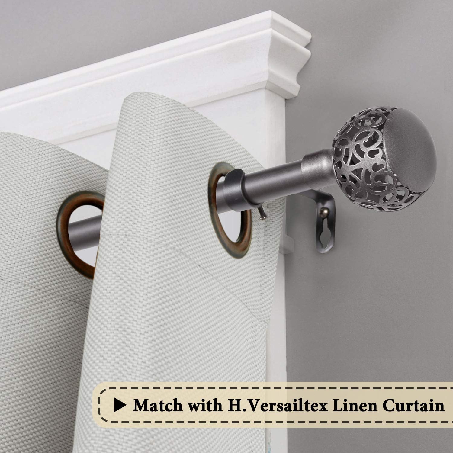 Window Treatment Single Curtain Rod Set Telescoping with Carved Hollow Ball Finials, Adjustable Length from 28 to 48-Inch, 3/4 Inch Diameter, Pewter 28