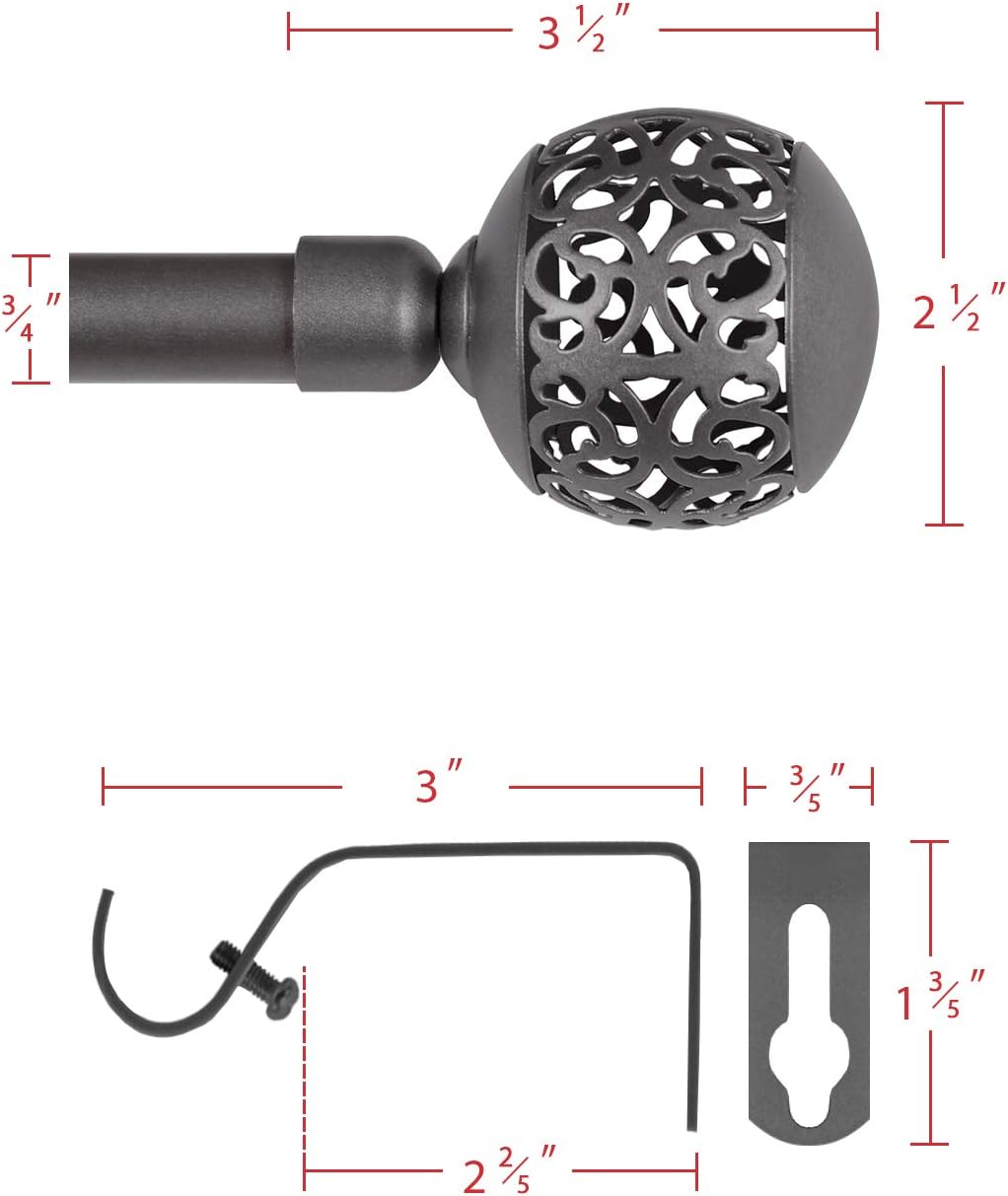Window Treatment Single Curtain Rod Set Telescoping with Carved Hollow Ball Finials, Adjustable Length from 28 to 48-Inch, 3/4 Inch Diameter, Pewter 28