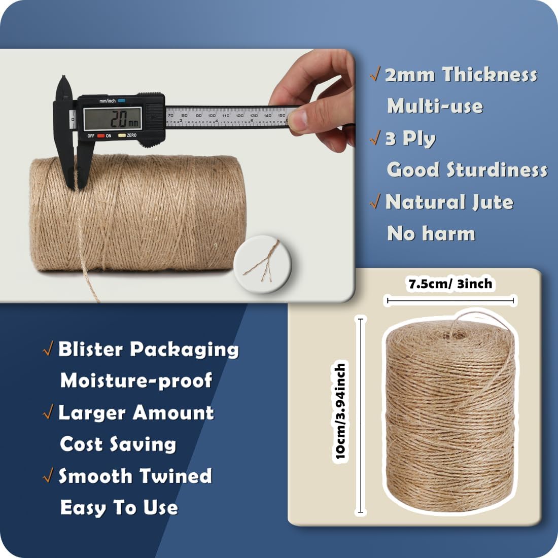 2Pack 2mm Natural Jute Twine String 1600 Feet Long for Crafting Gardening Gift Wrapping Macrame DIY Home Decor (Brown-800Feet/Roll) ( * 800 ) / Pc 2 Pcs - Image 2