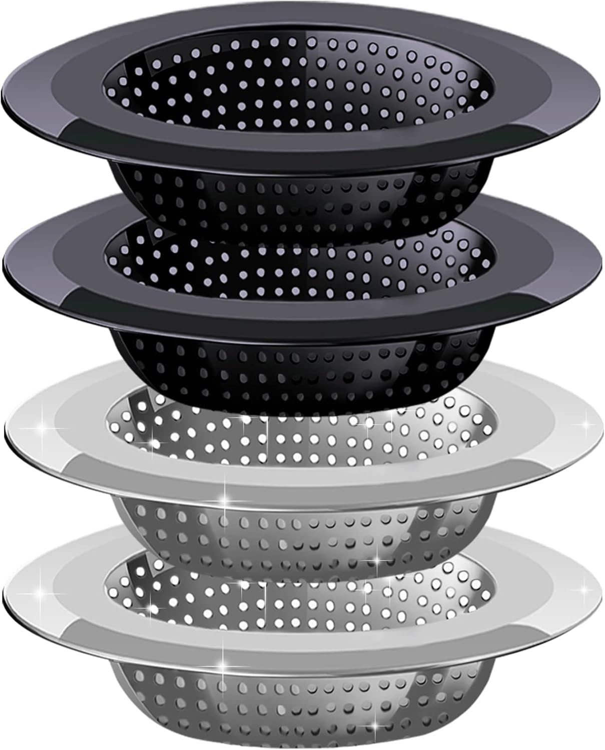 Kitchen Sink Drain Strainer, 4 Pack Stainless Steel and Black Mesh Strainer for with Large Wide Rim 4.5