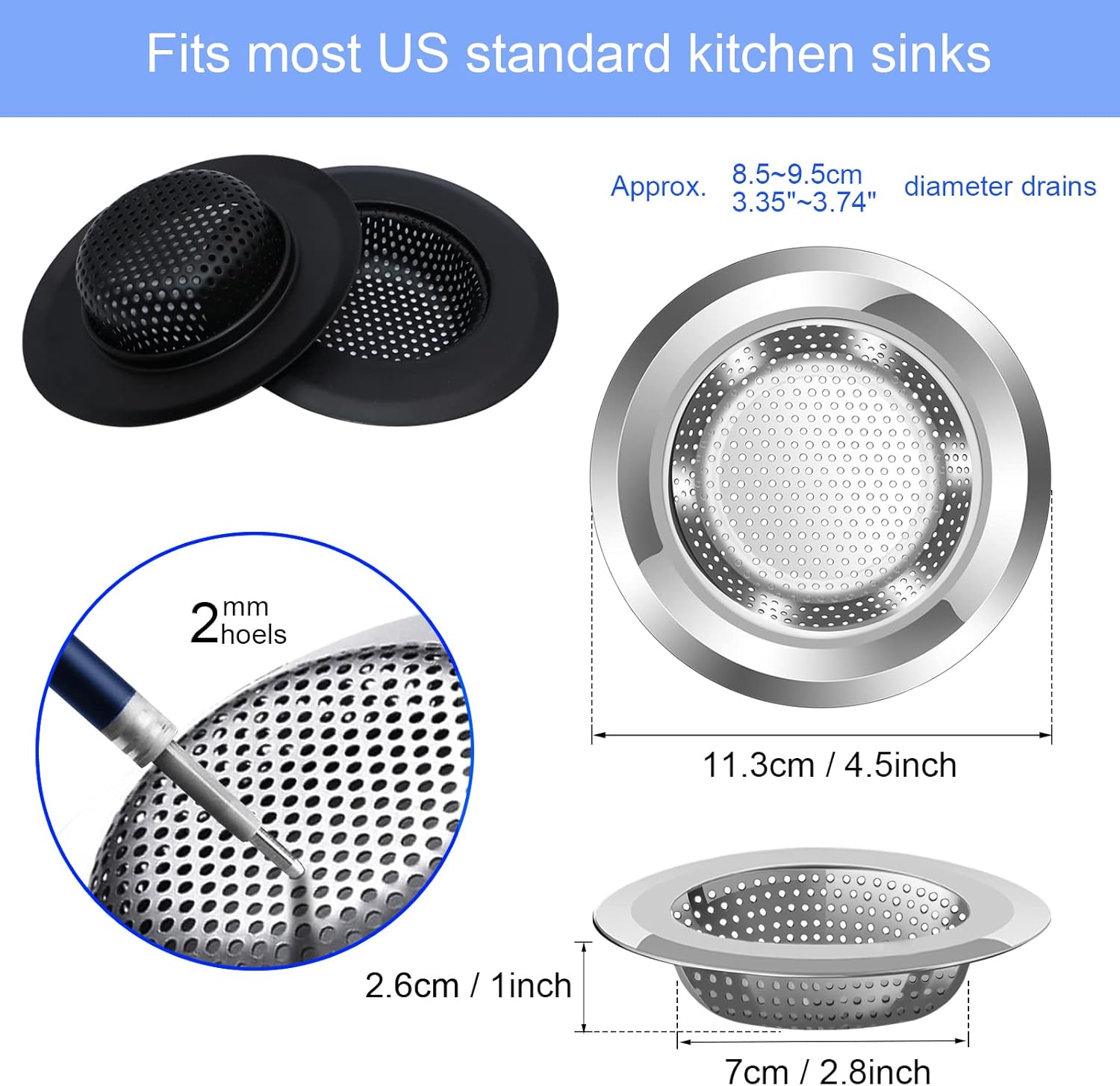 Kitchen Sink Drain Strainer, 4 Pack Stainless Steel and Black Mesh Strainer for with Large Wide Rim 4.5