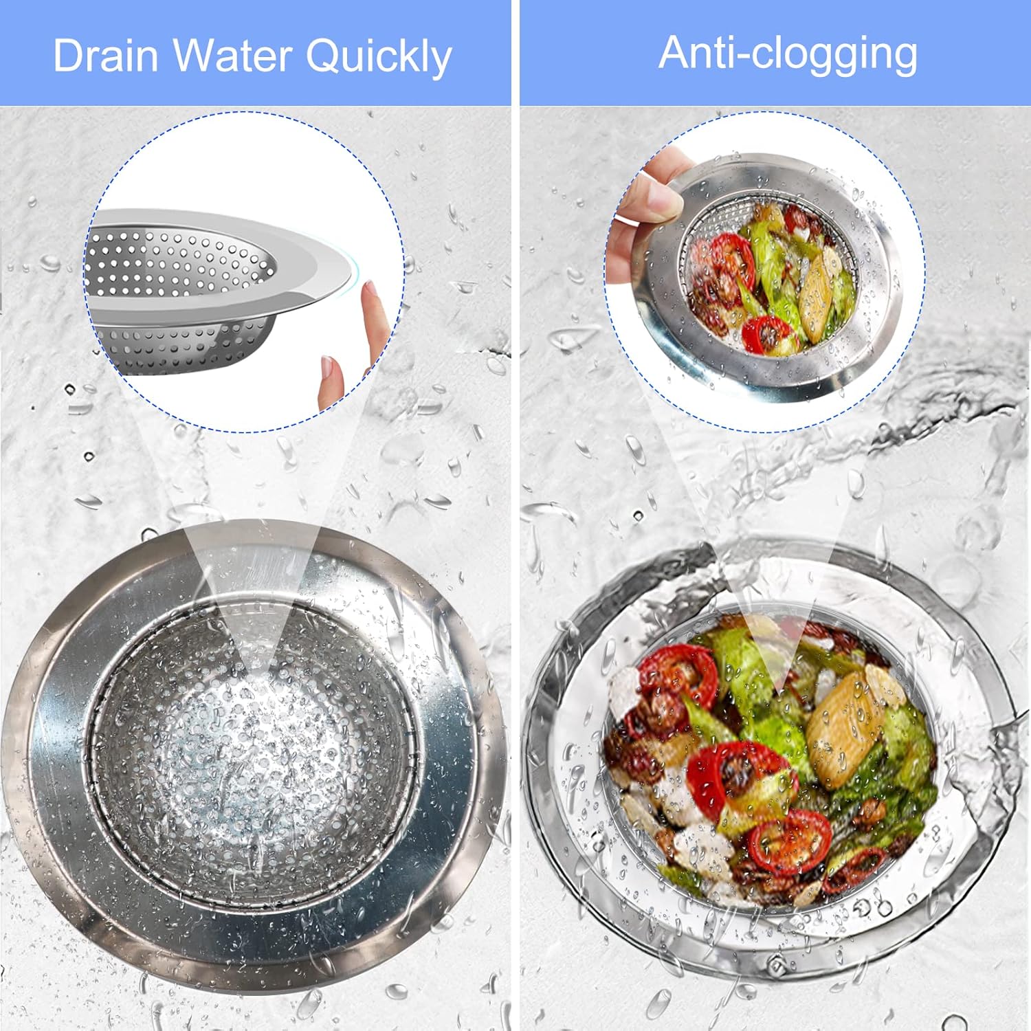 Kitchen Sink Drain Strainer, 4 Pack Stainless Steel and Black Mesh Strainer for with Large Wide Rim 4.5