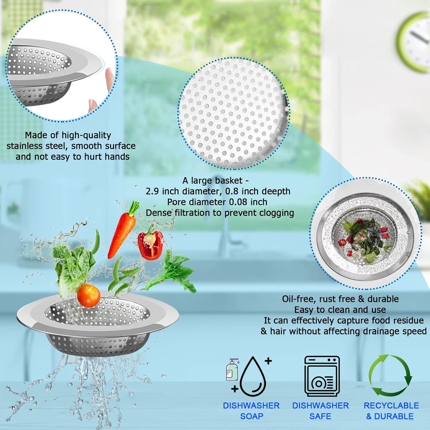 Kitchen Sink Drain Strainer, 4 Pack Stainless Steel and Black Mesh Strainer for with Large Wide Rim 4.5