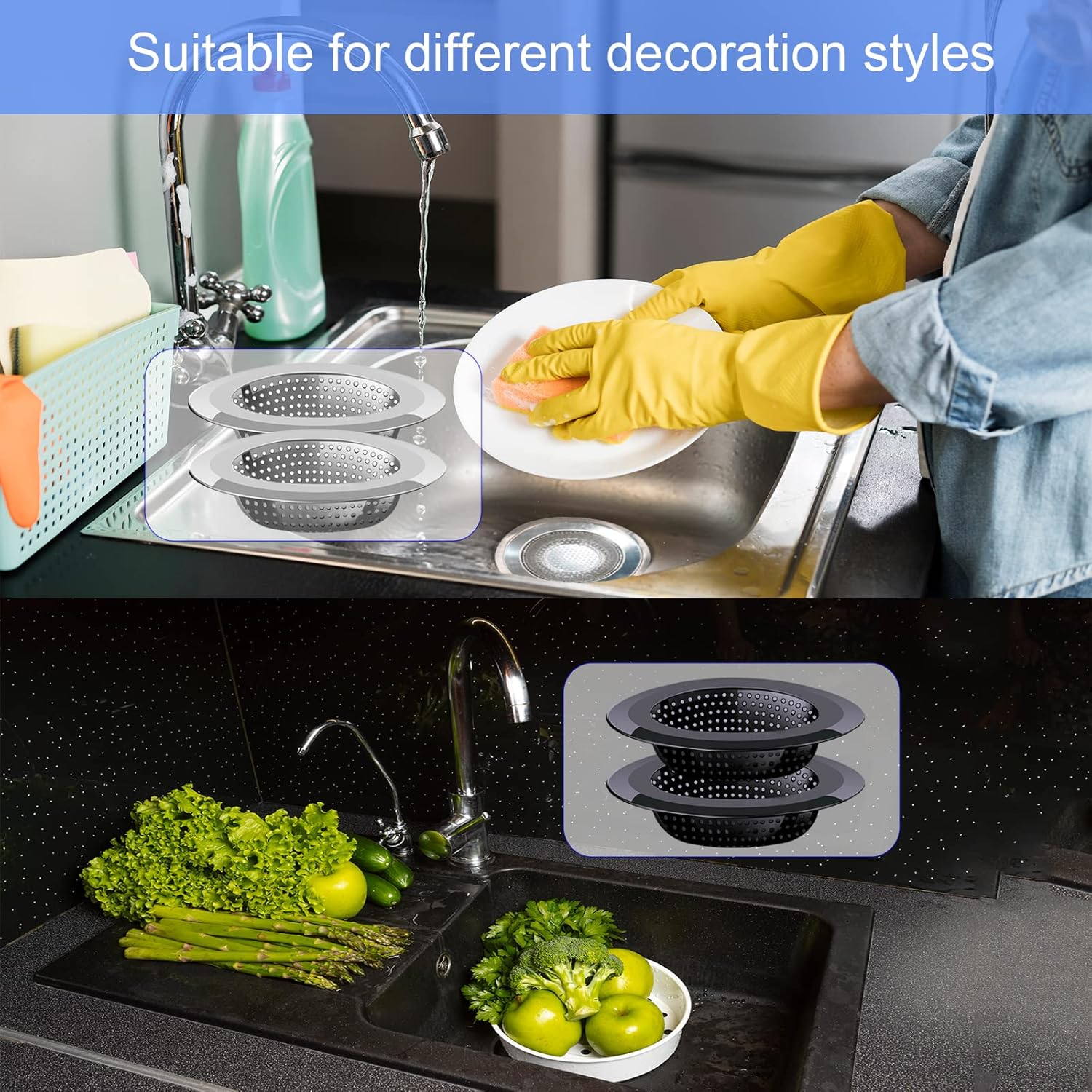Kitchen Sink Drain Strainer, 4 Pack Stainless Steel and Black Mesh Strainer for with Large Wide Rim 4.5
