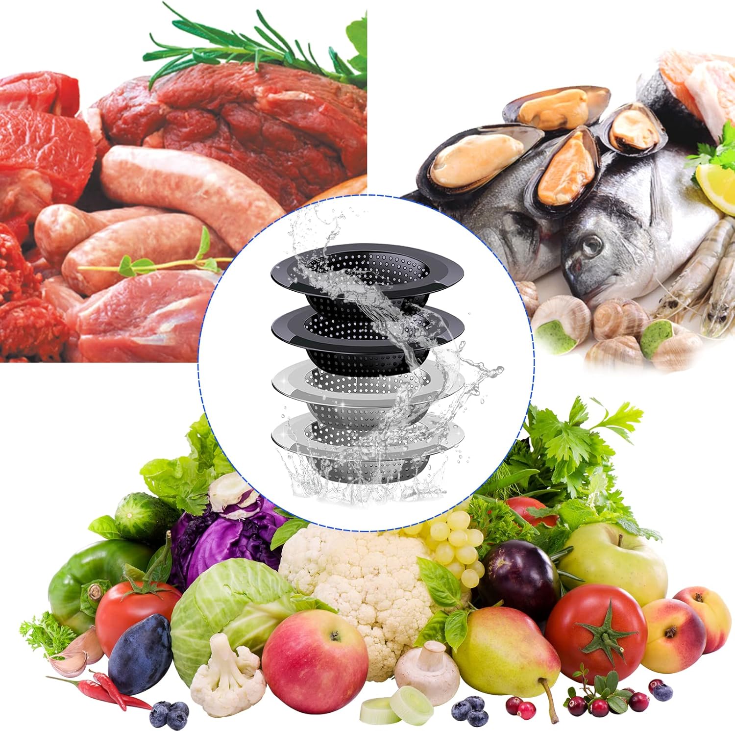 Kitchen Sink Drain Strainer, 4 Pack Stainless Steel and Black Mesh Strainer for with Large Wide Rim 4.5