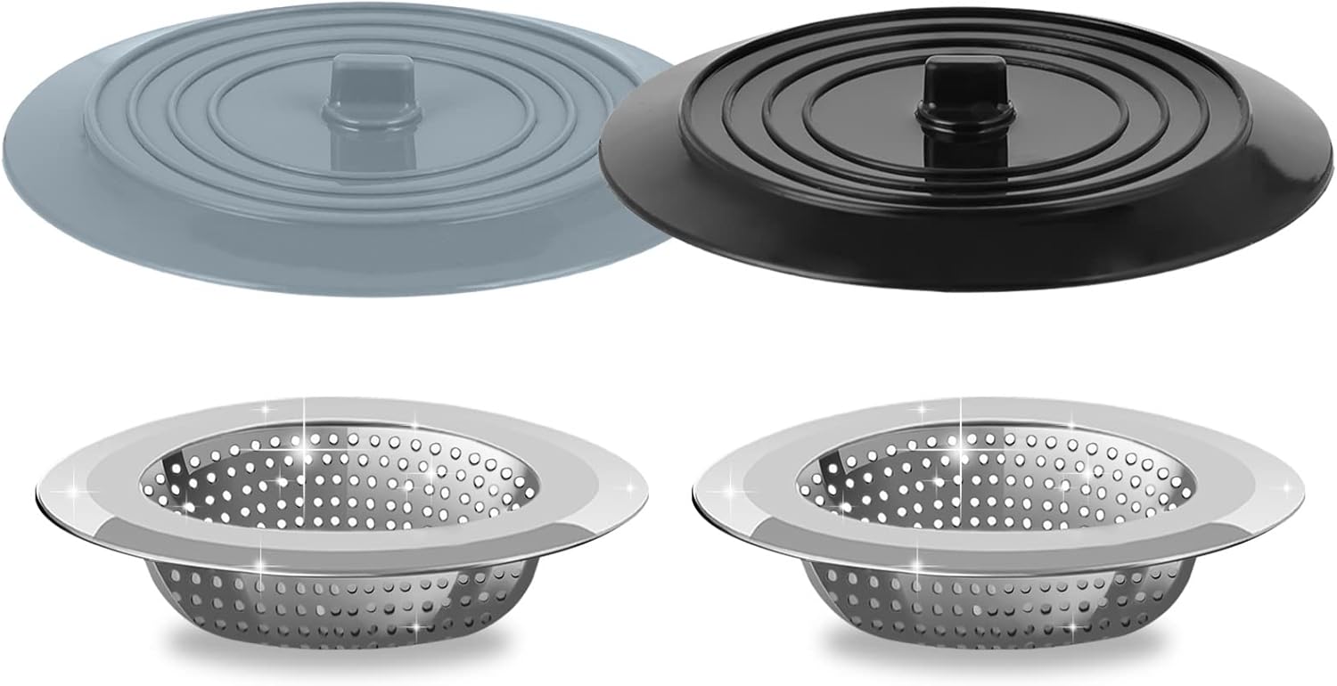 Sink Strainer Stopper 4 Pack, Universal Silicone Kitchen Drain Cover Plug Kit, 4.5 Inch Stainless Steel Filter Strainer, Food Catcher for - - Image 1