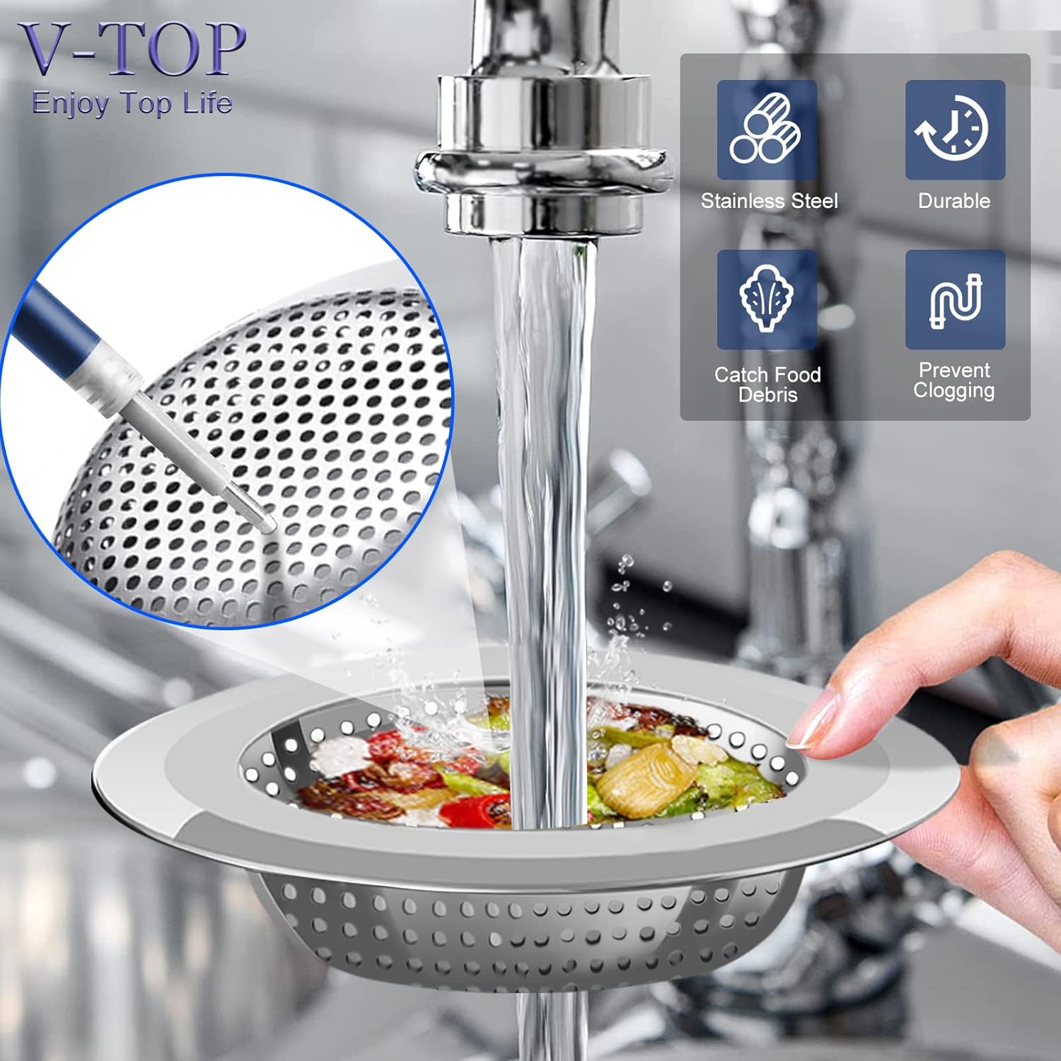Sink Strainer Stopper 4 Pack, Universal Silicone Kitchen Drain Cover Plug Kit, 4.5 Inch Stainless Steel Filter Strainer, Food Catcher for - - Image 2