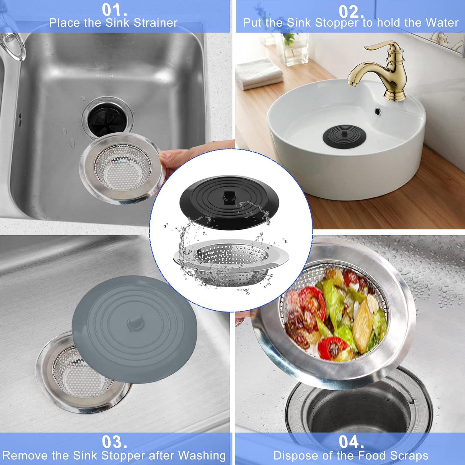 Sink Strainer Stopper 4 Pack, Universal Silicone Kitchen Drain Cover Plug Kit, 4.5 Inch Stainless Steel Filter Strainer, Food Catcher for - - Image 5